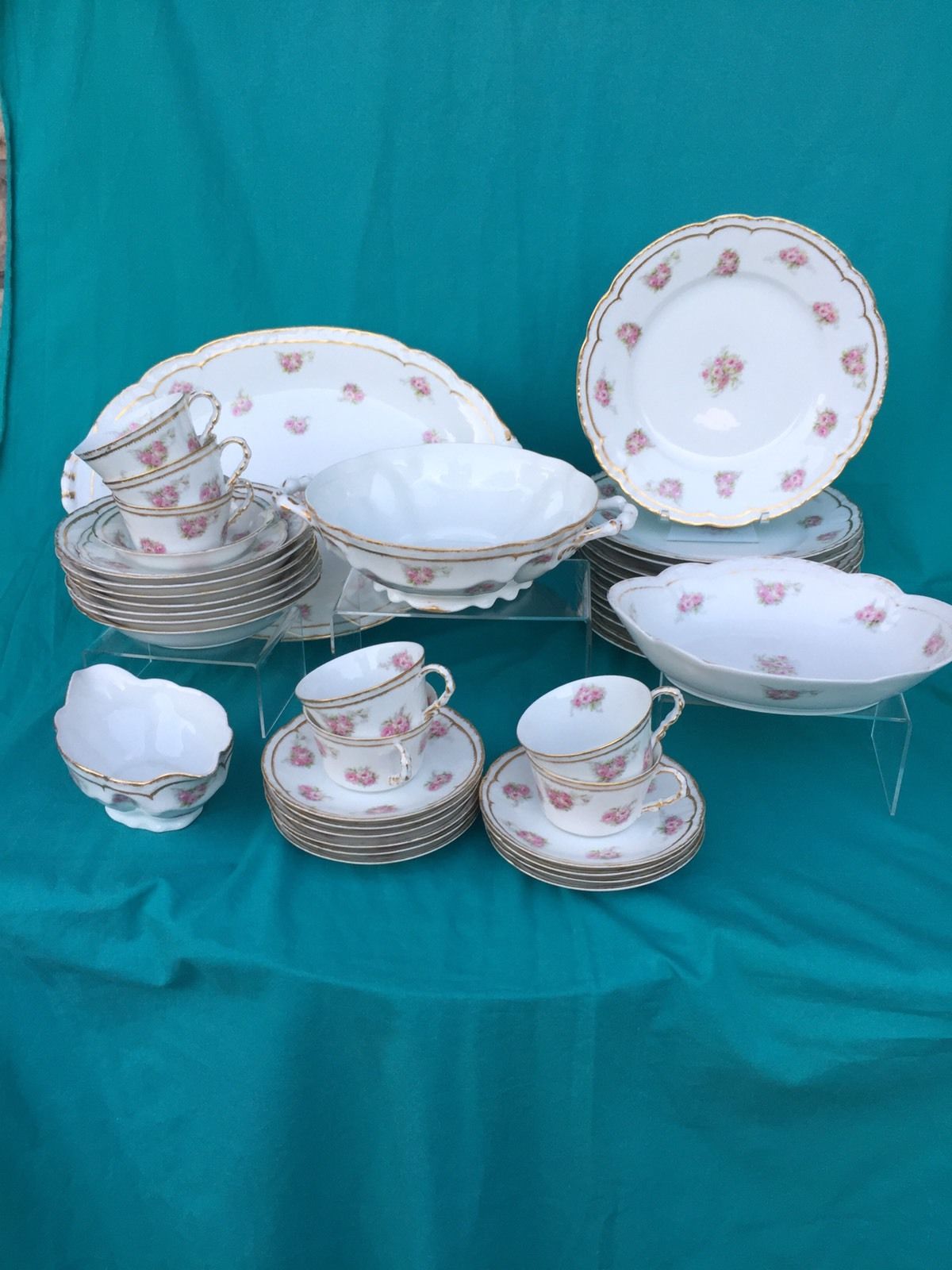 Antique Limoges France Porcelain Dinner Set - Pink Roses Gold Trim - 42 Pieces