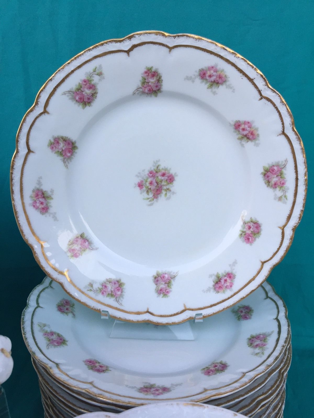 Antique Limoges France Porcelain Dinner Set - Pink Roses Gold Trim - 42 Pieces