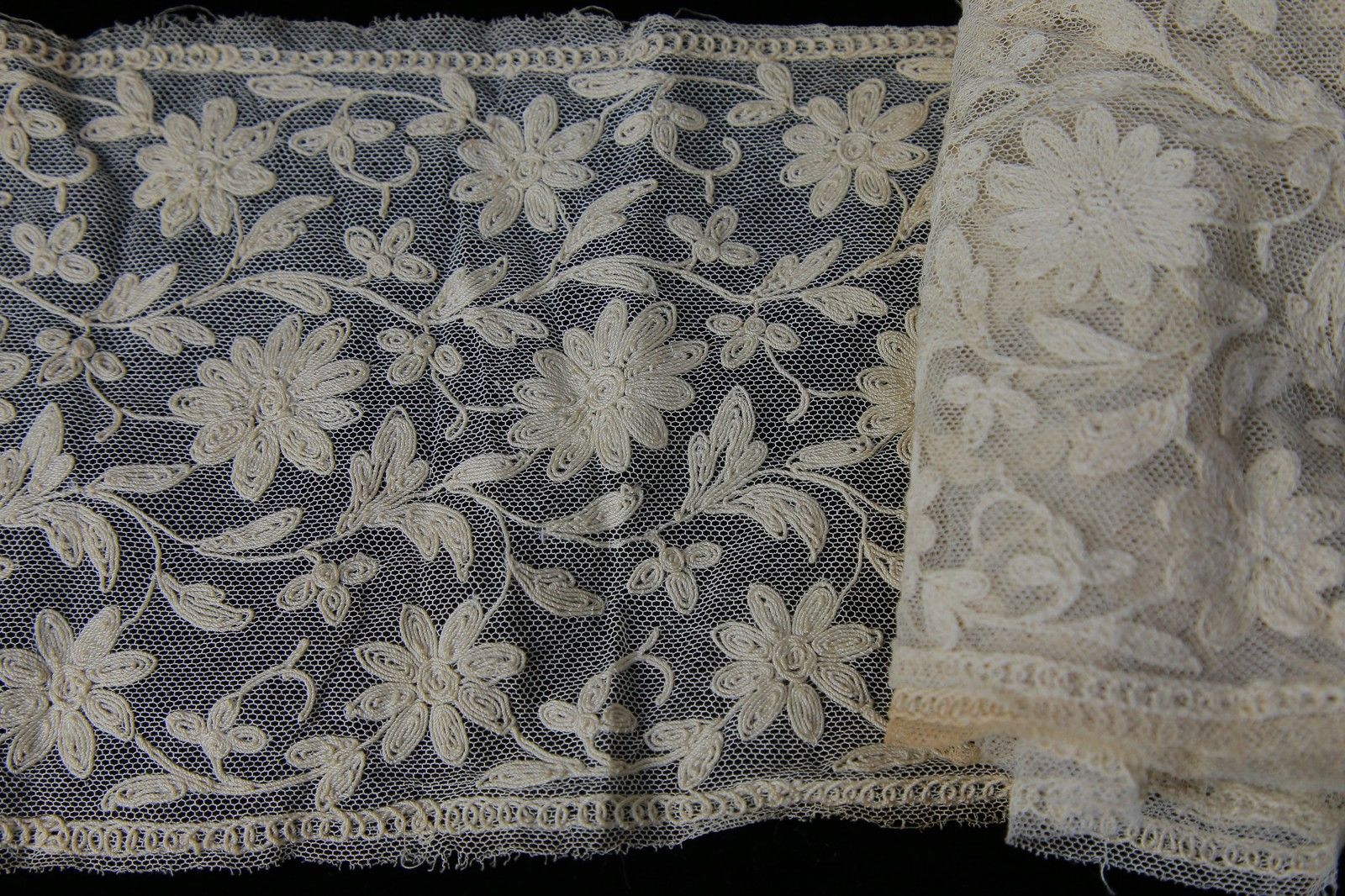 Antique vintage lace flounce Victorian era cream Tambour embroidery on net