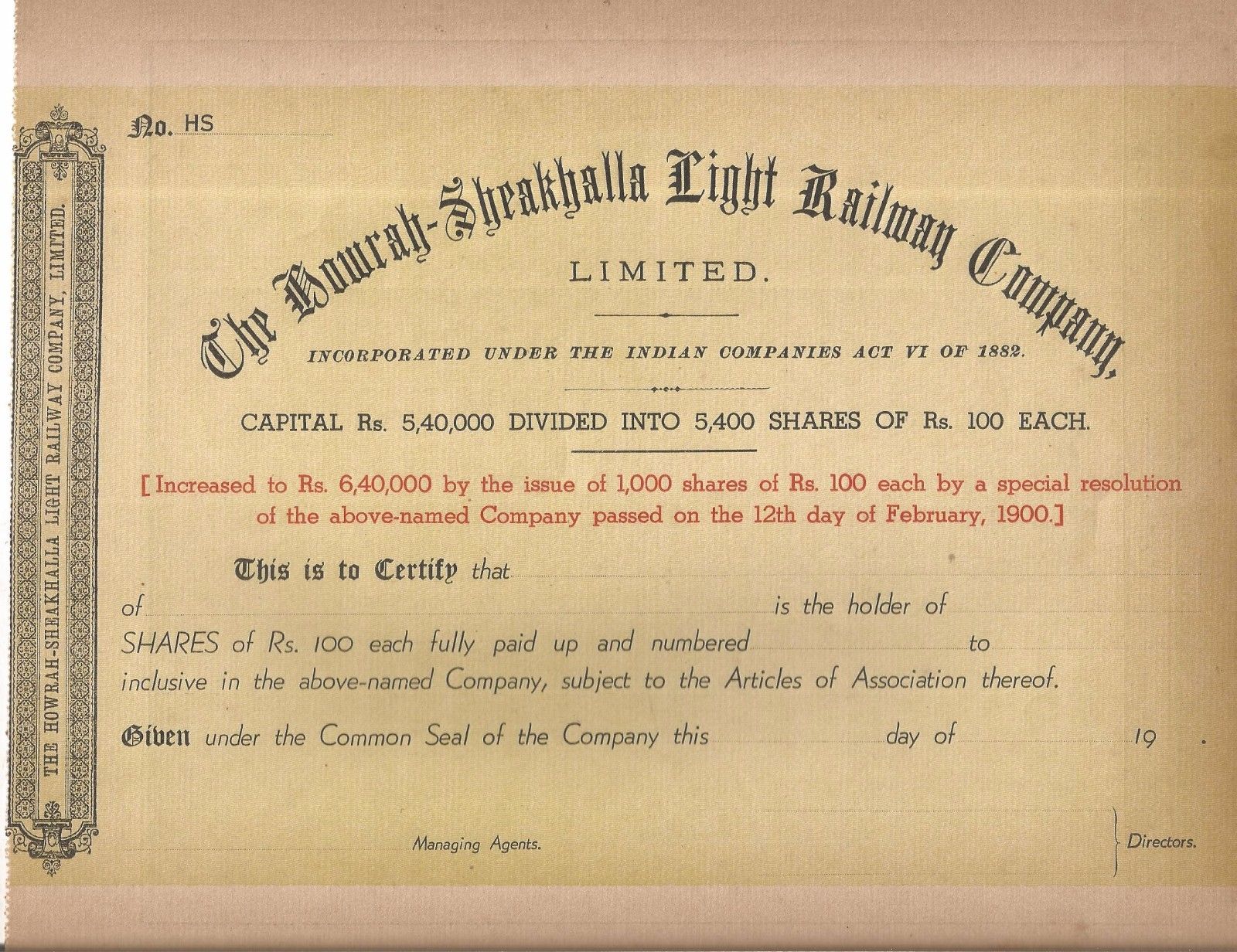 1900 India share certificate: Howrah Sheakhalla Light Railway Company Limited