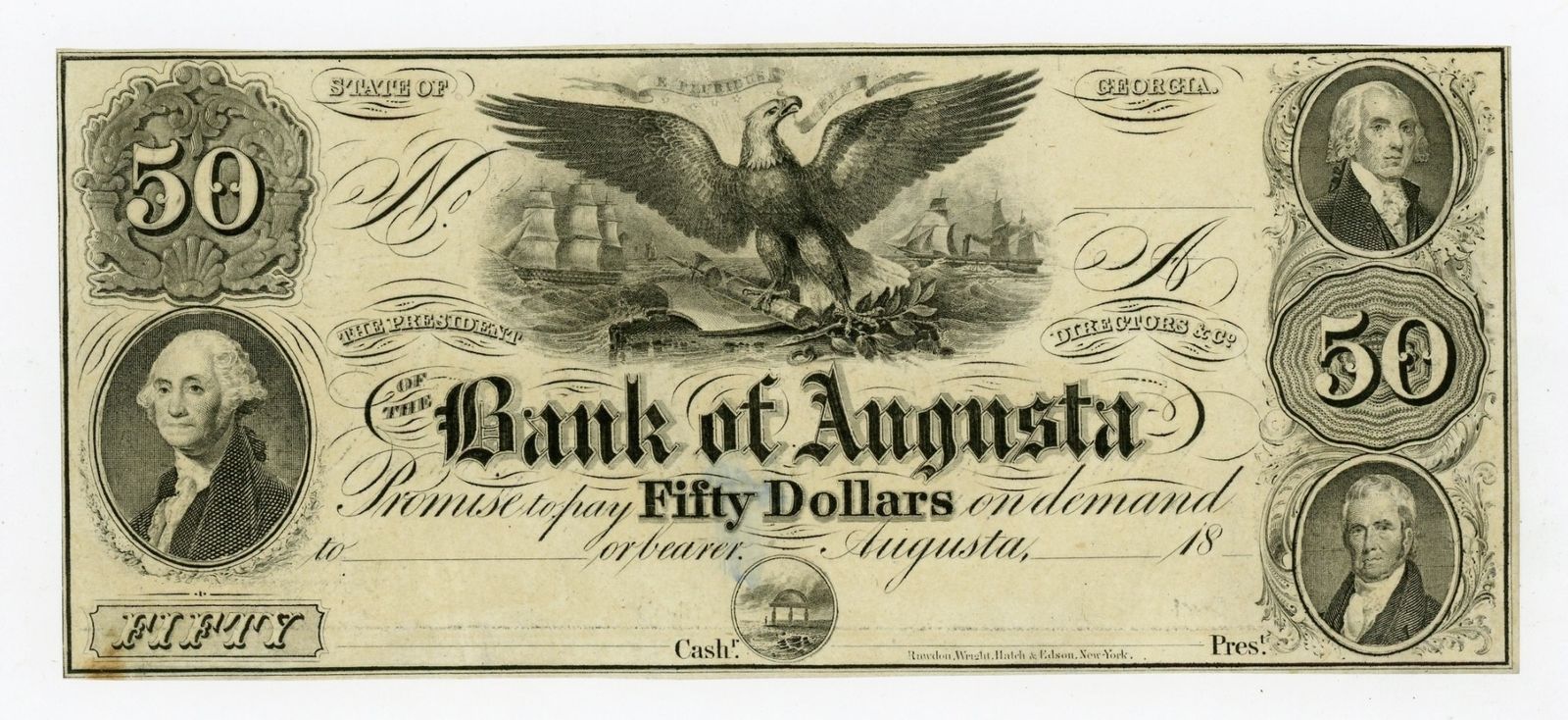 1800's $50 The Bank of Augusta, GEORGIA Note CU