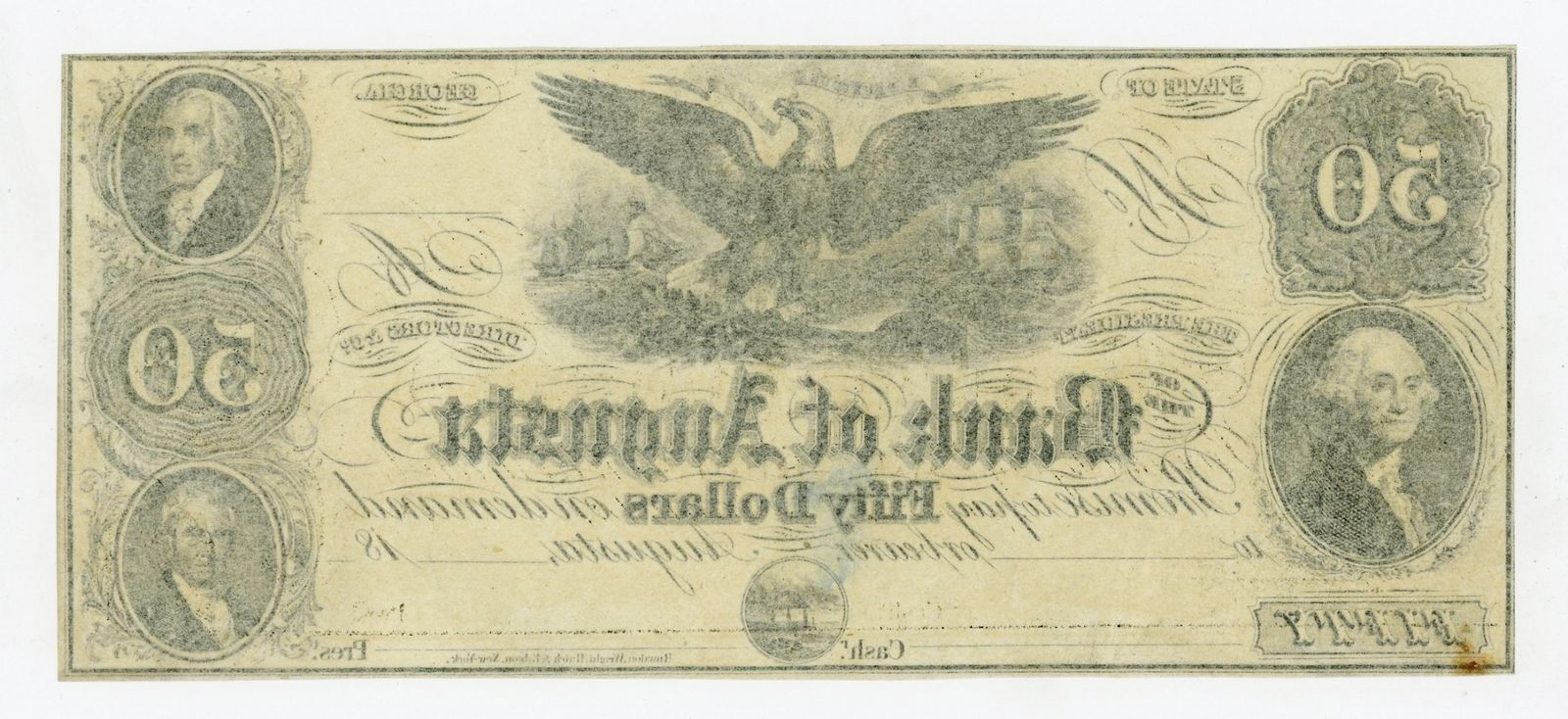 1800's $50 The Bank of Augusta, GEORGIA Note CU