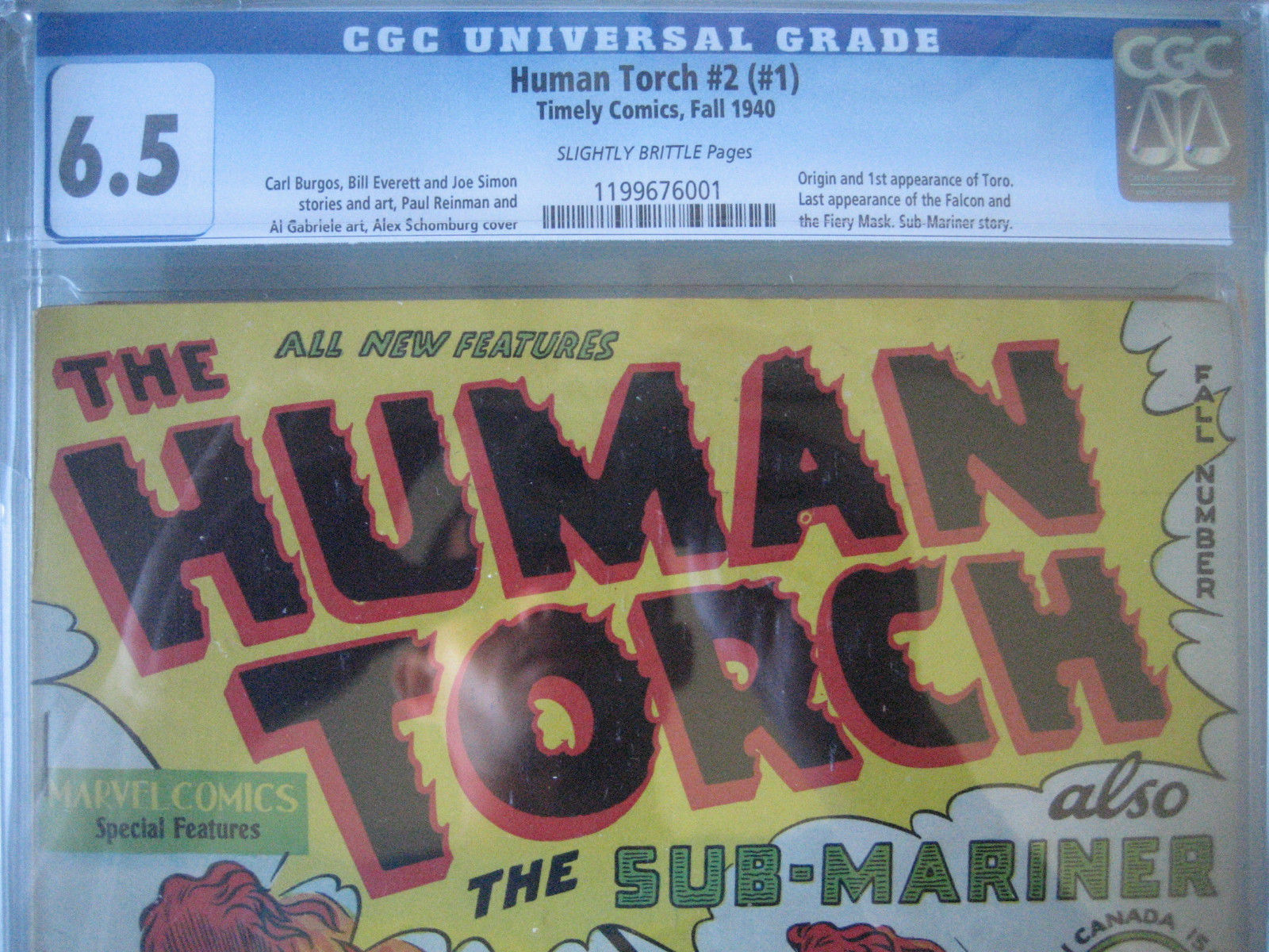 Human Torch #2 (#1) CGC 6.5 Unrestored **1st & Origin Toro** Marvel Comics 1940