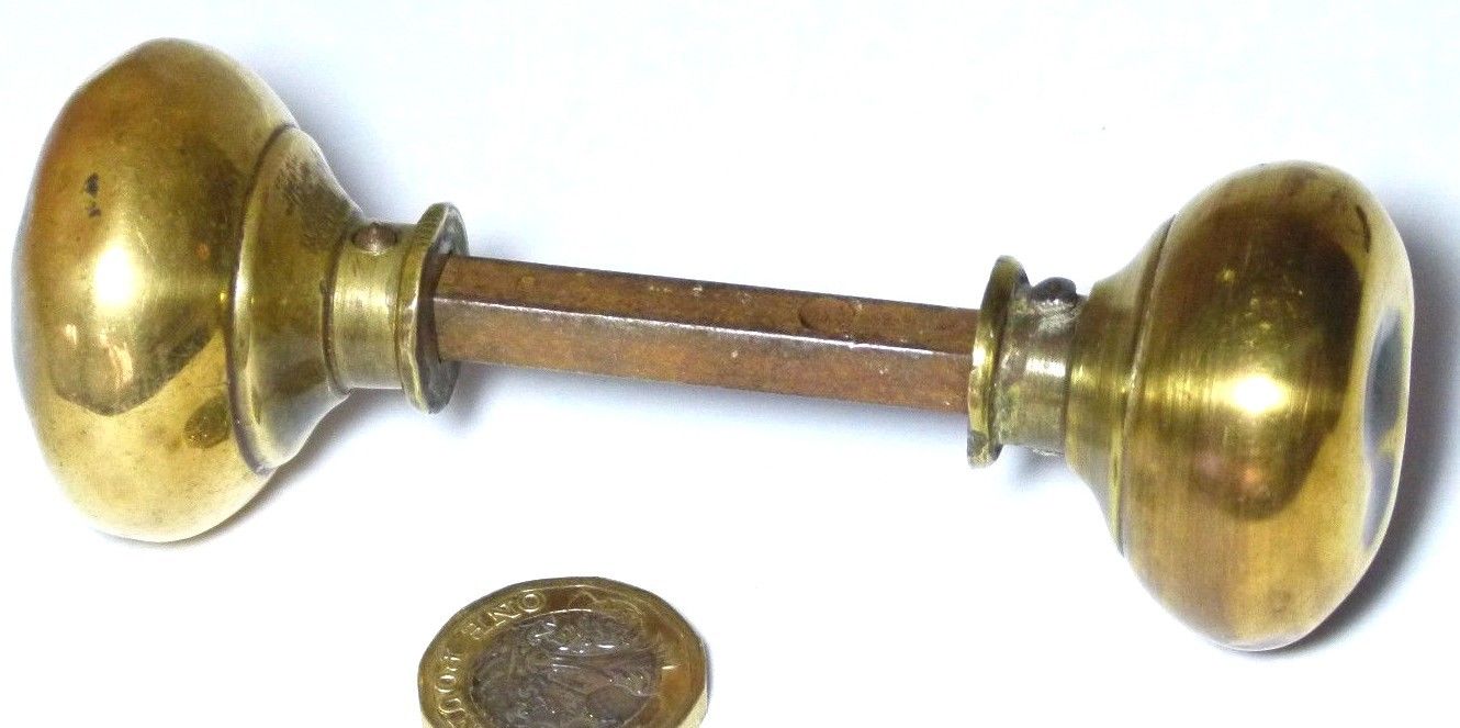 PAIR ANTIQUE VICTORIAN BRASS BUN DOOR HANDLES KNOBS C19TH