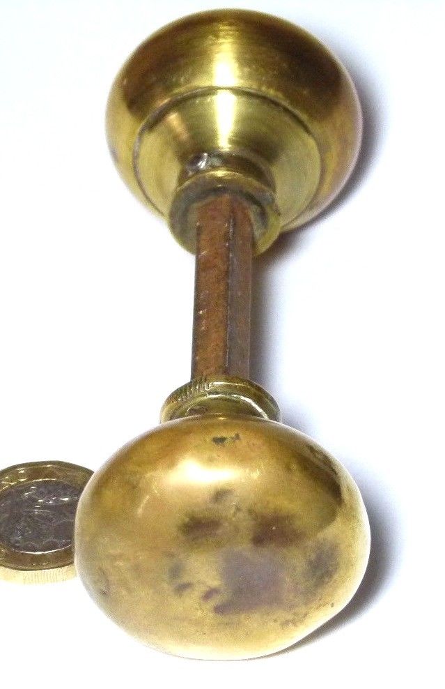 PAIR ANTIQUE VICTORIAN BRASS BUN DOOR HANDLES KNOBS C19TH