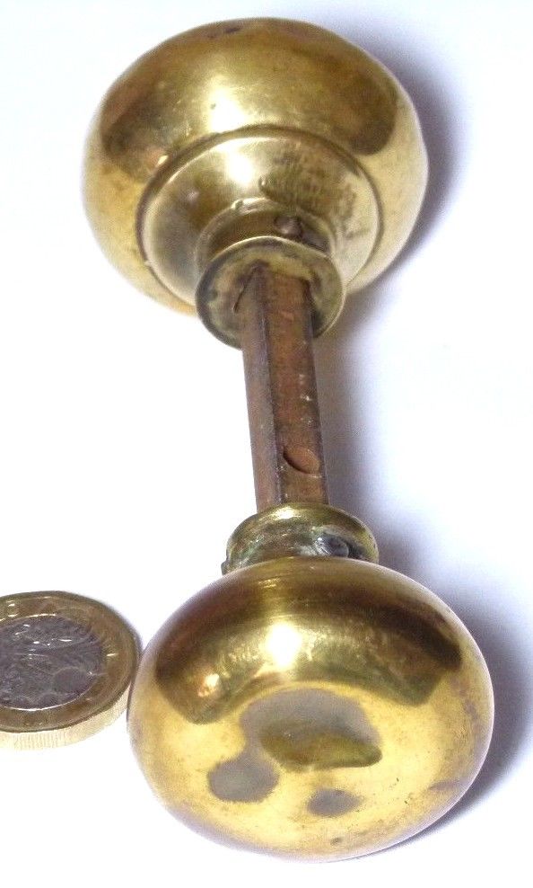 PAIR ANTIQUE VICTORIAN BRASS BUN DOOR HANDLES KNOBS C19TH