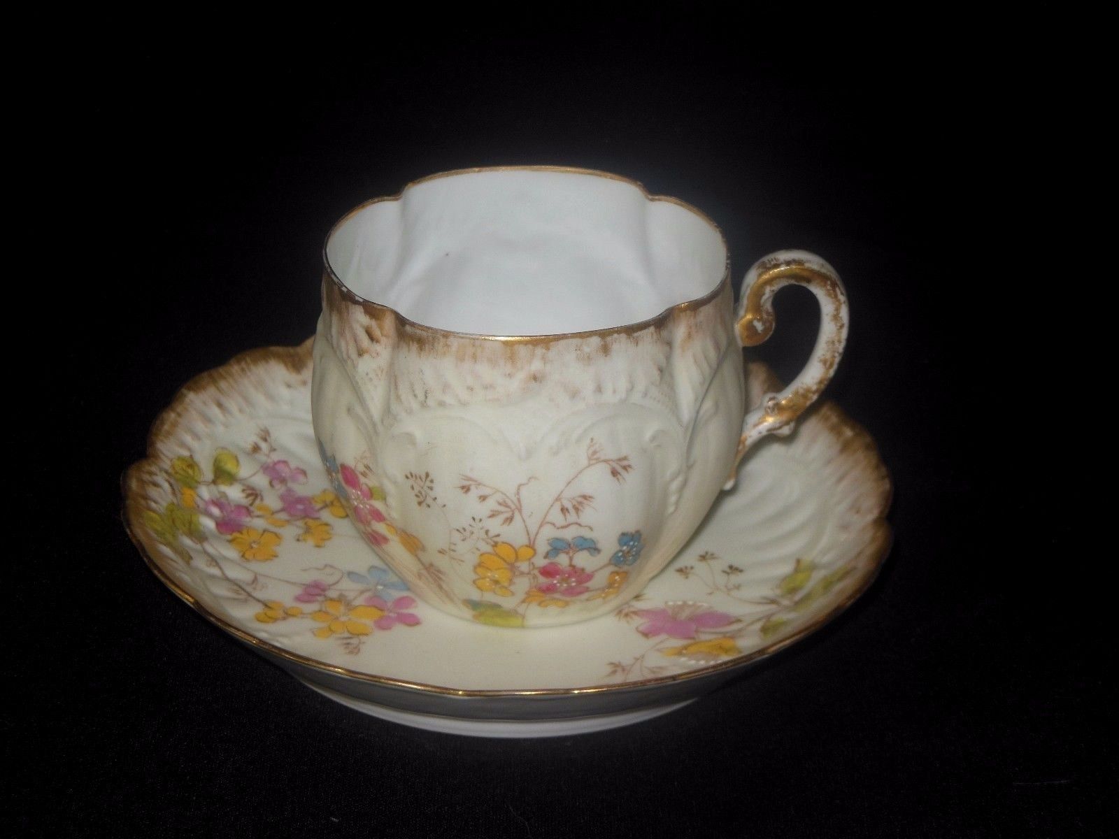 REDON  LIMOGES CUP SAUCER HAND PAINTED PINK YELLOW BLUE FLOWERS 1893