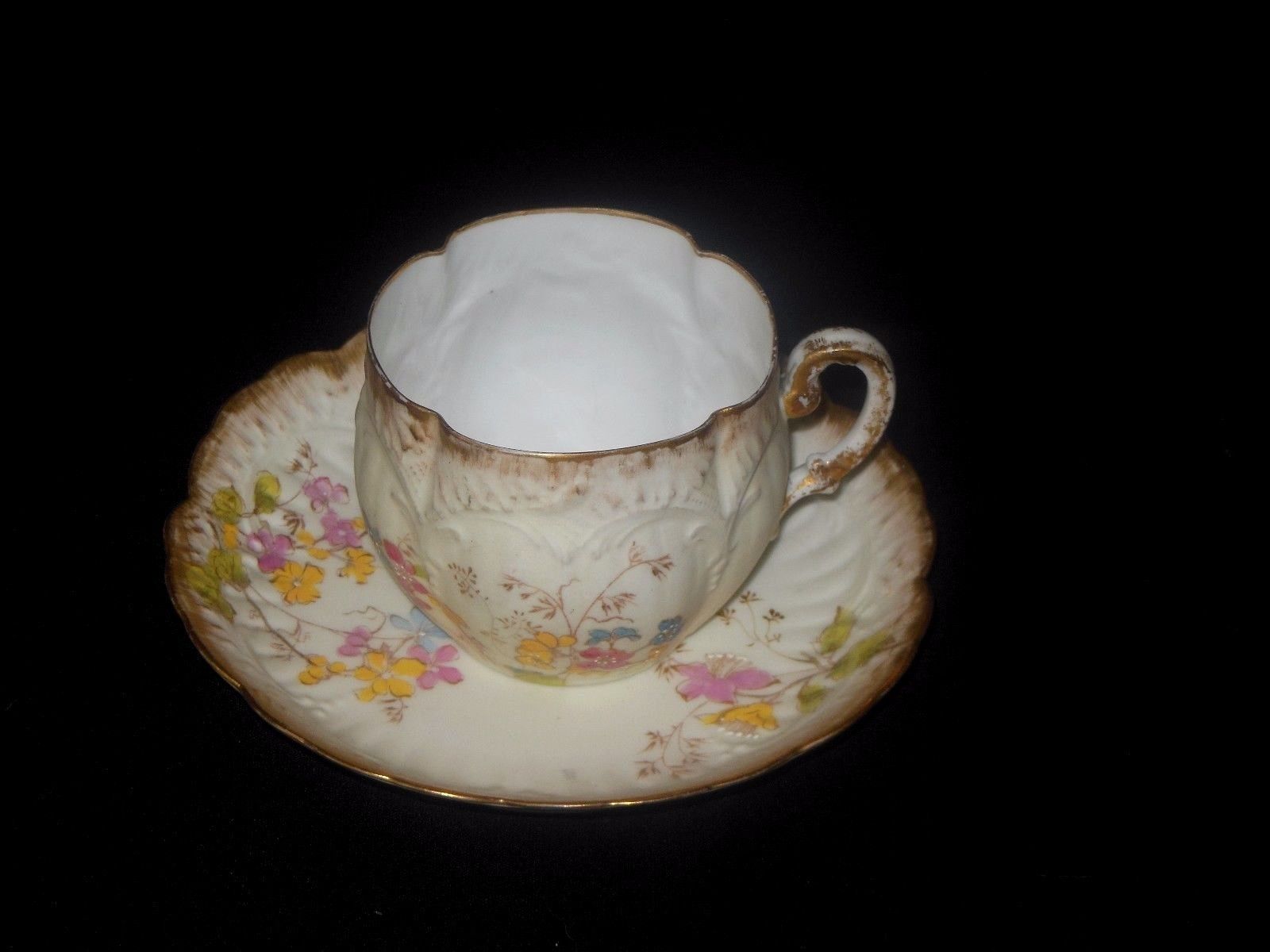 REDON  LIMOGES CUP SAUCER HAND PAINTED PINK YELLOW BLUE FLOWERS 1893