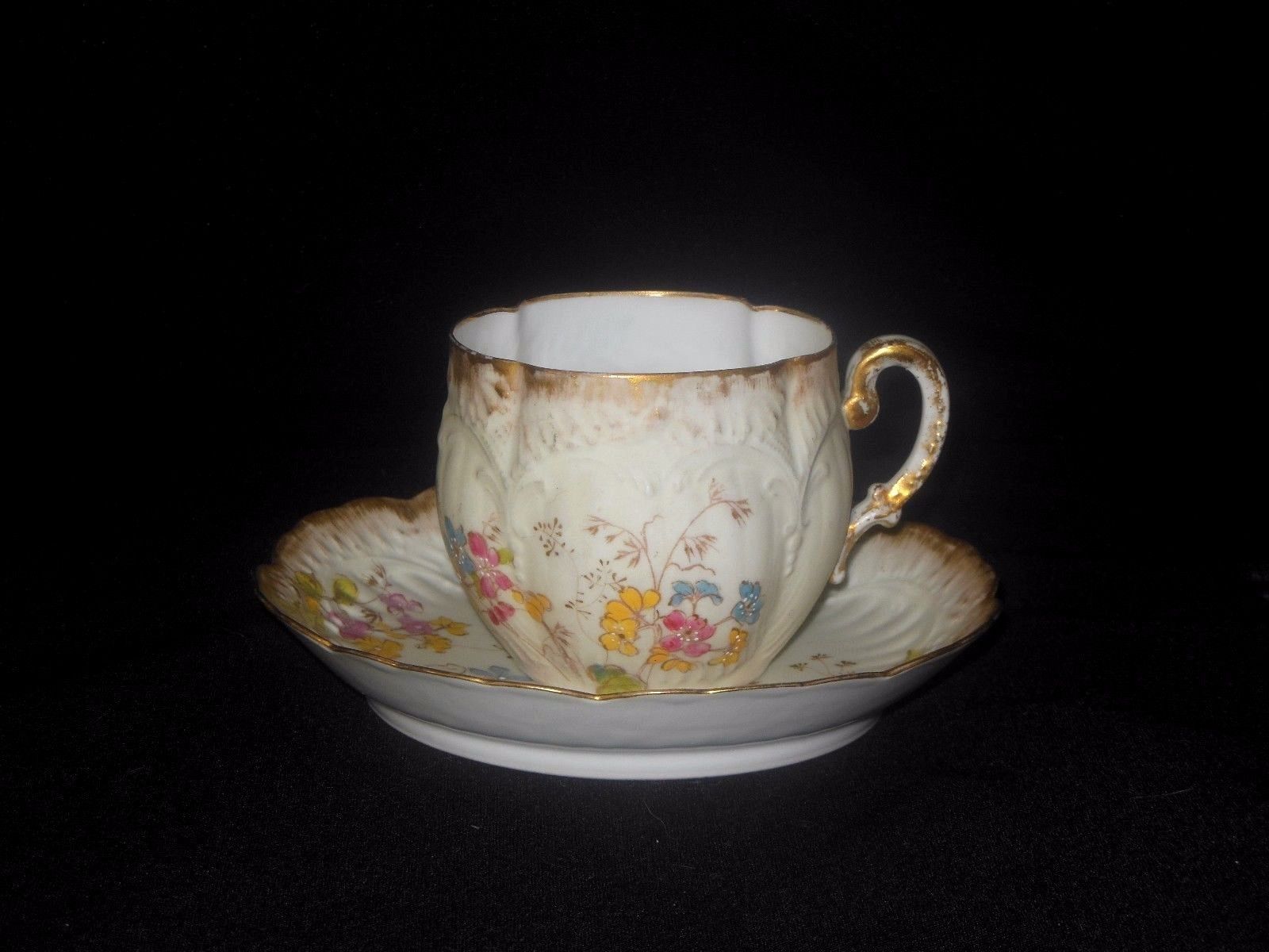 REDON  LIMOGES CUP SAUCER HAND PAINTED PINK YELLOW BLUE FLOWERS 1893