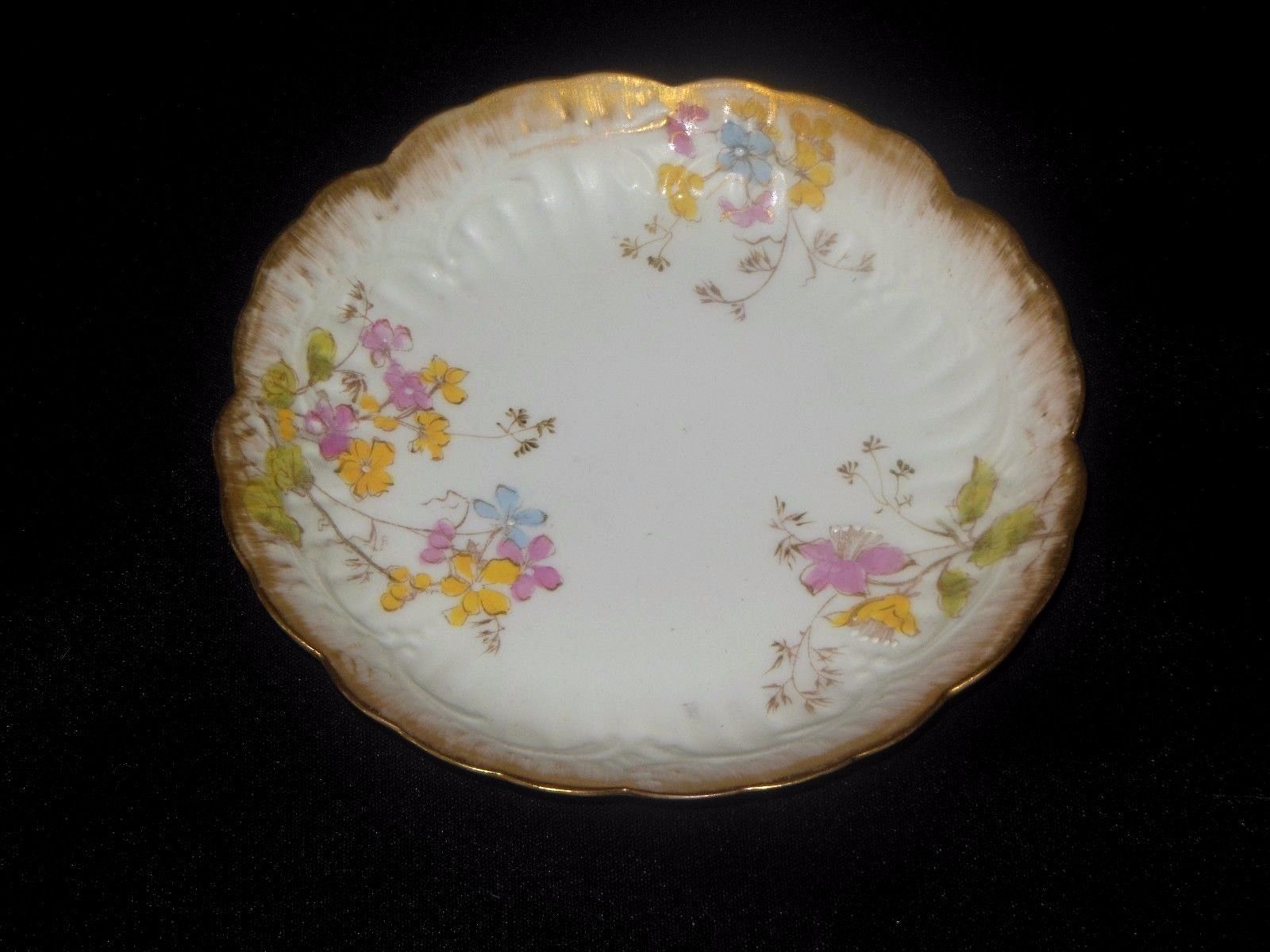 REDON  LIMOGES CUP SAUCER HAND PAINTED PINK YELLOW BLUE FLOWERS 1893