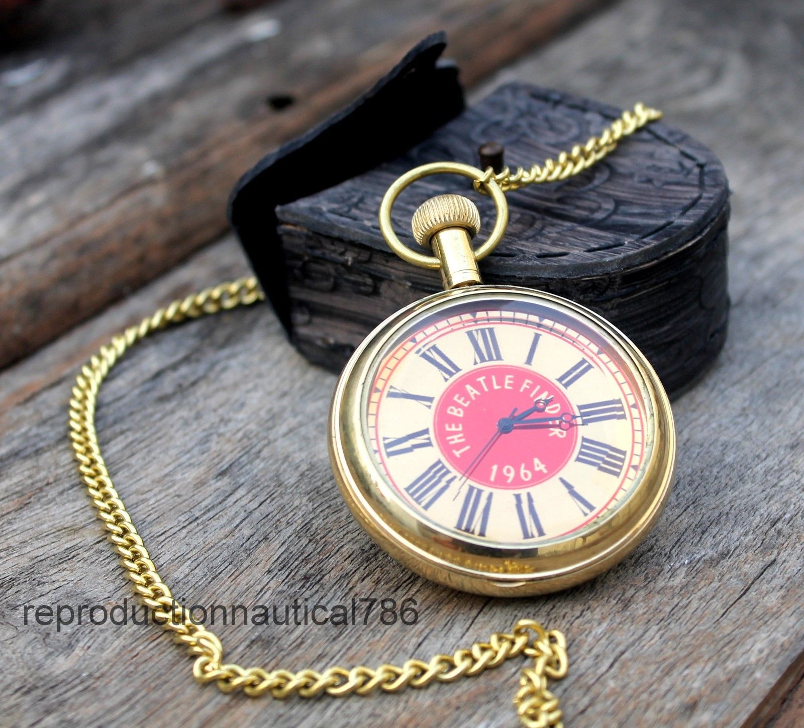 Nautical Solid Brass Working Pocket Watch With Leather Case Vintage Beatle Watch