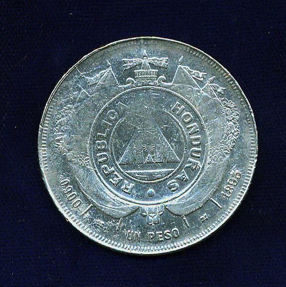 HONDURAS REPUBLIC   1895/4  1 PESO SILVER COIN, XF/ALMOST UNCIRCULATED