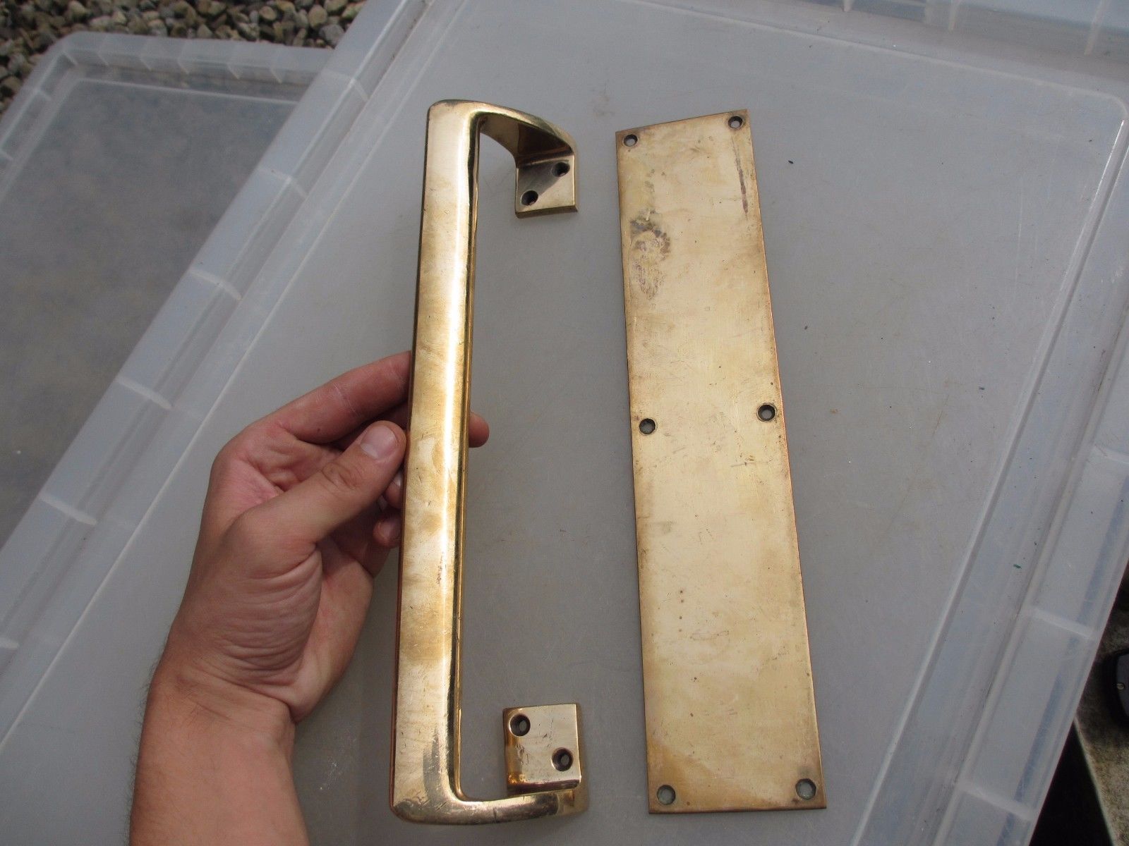 Antique Bronze Door Handle Pull Set Finger Push Plates Shop Vintage Old 12"