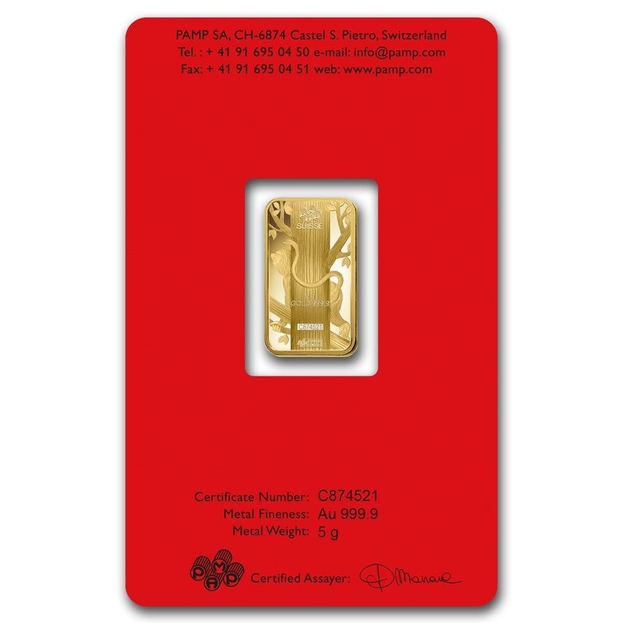 5~GRAM ~ PURE 9999 GOLD ~ YEAR of the MONKEY ~ PAMP SUISSE ~ SEALED BAR ~$278.88