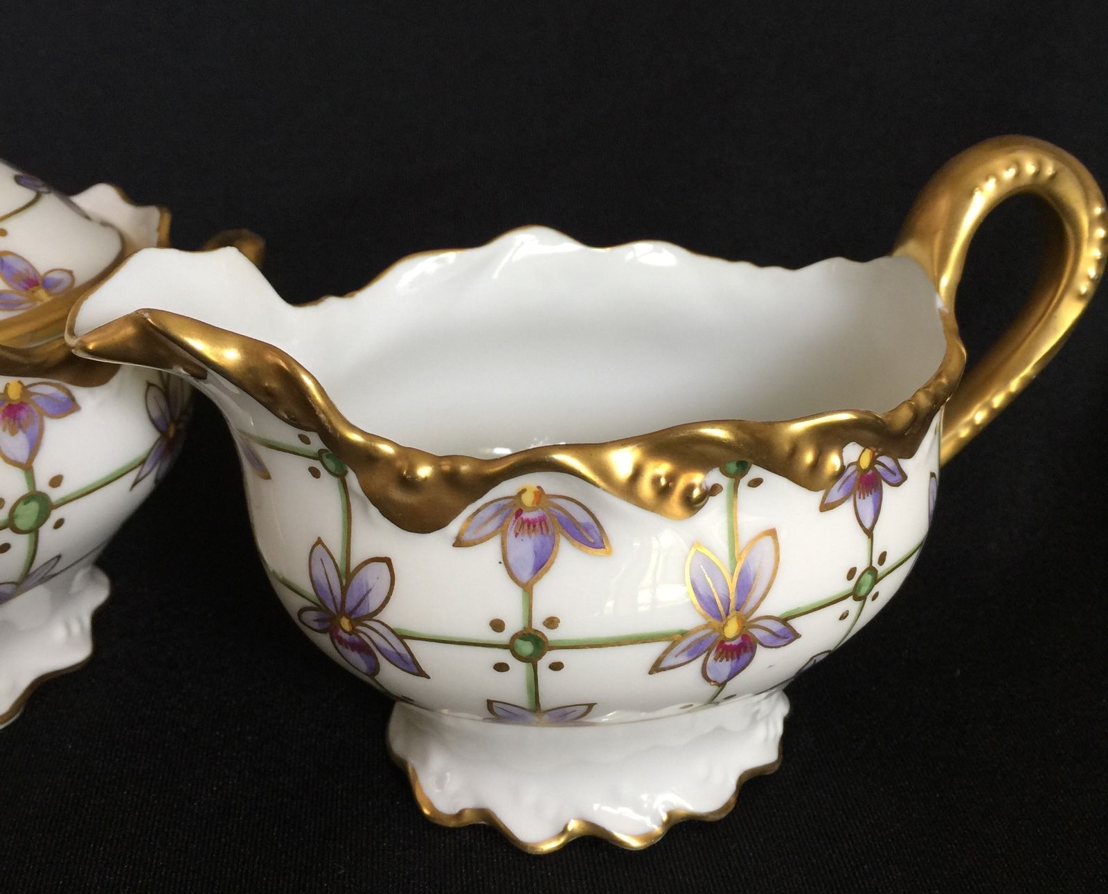 Coiffe France Limoges Sugar Creamer Orchids Hand Painted Heavy Gold circa 1913