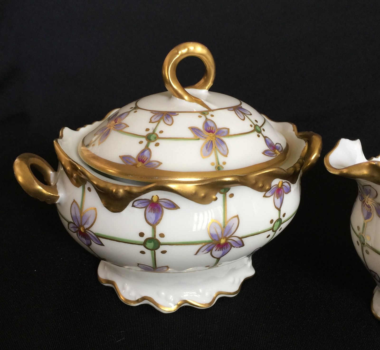 Coiffe France Limoges Sugar Creamer Orchids Hand Painted Heavy Gold circa 1913