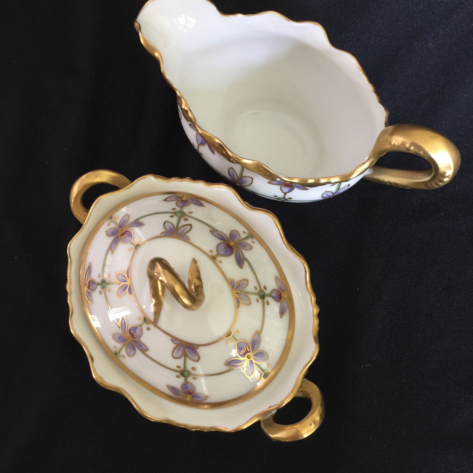 Coiffe France Limoges Sugar Creamer Orchids Hand Painted Heavy Gold circa 1913