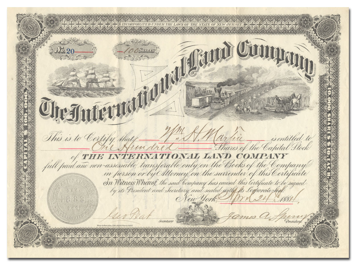 International Land Company Stock Certificate (New Jersey, 1884)