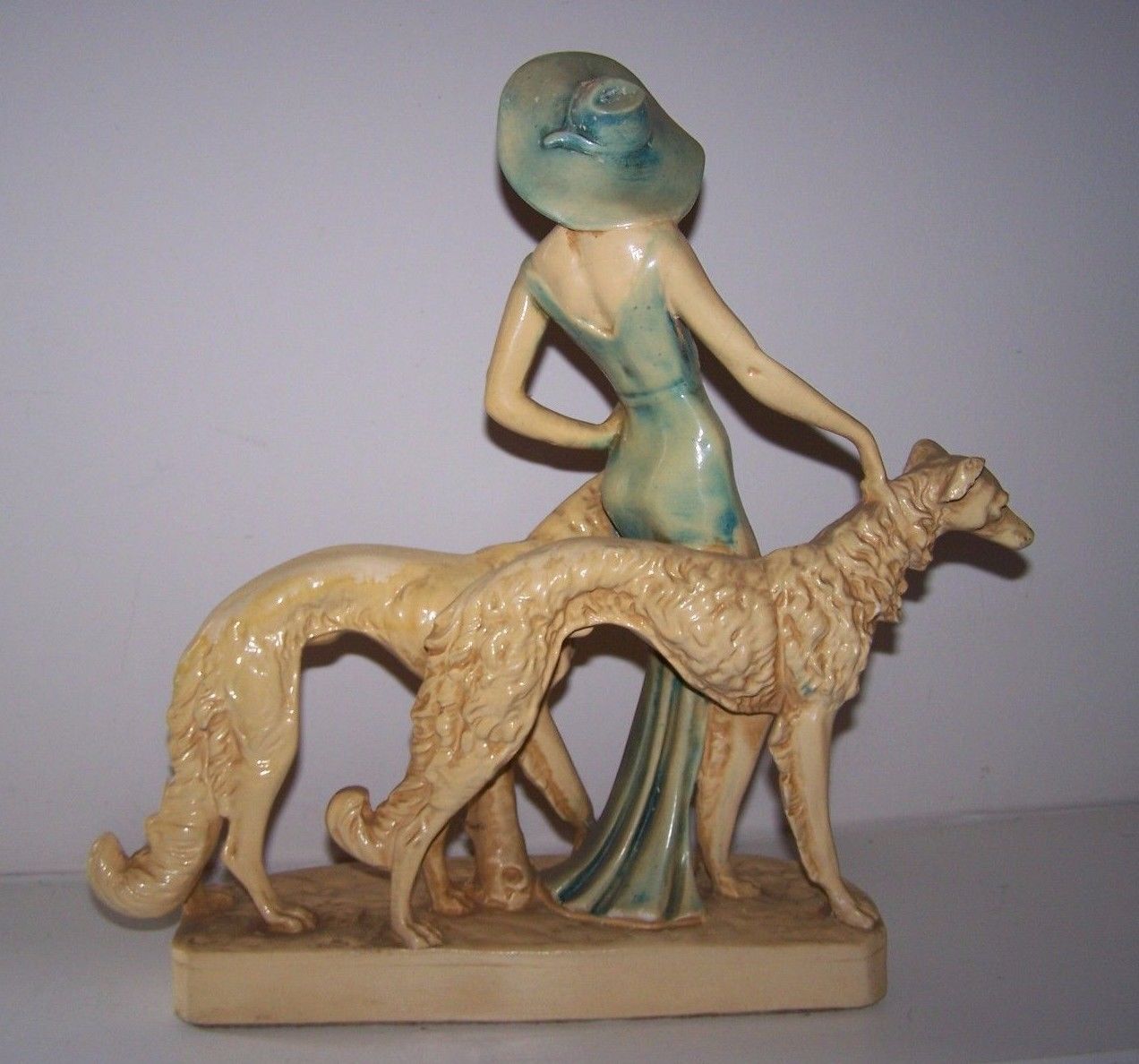 Vintage / Antique New Art Deco Ware Chalkware 1930s Woman Walking Borzoi Dogs