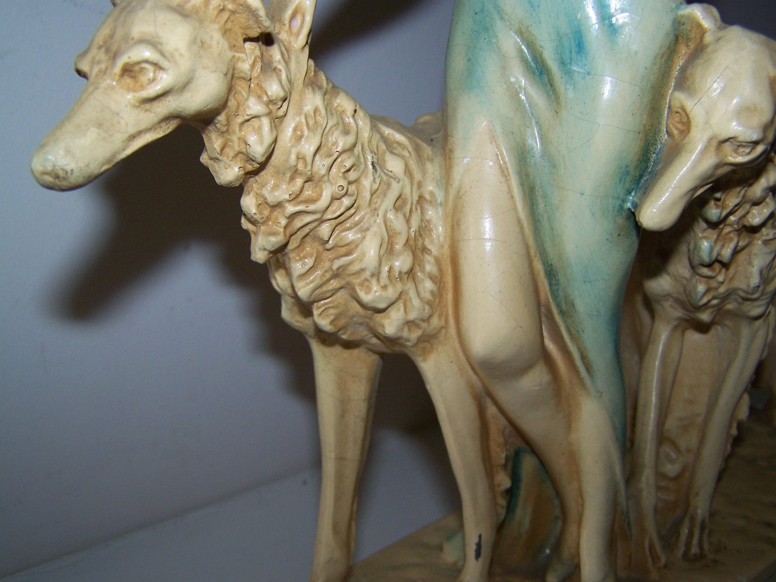 Vintage / Antique New Art Deco Ware Chalkware 1930s Woman Walking Borzoi Dogs