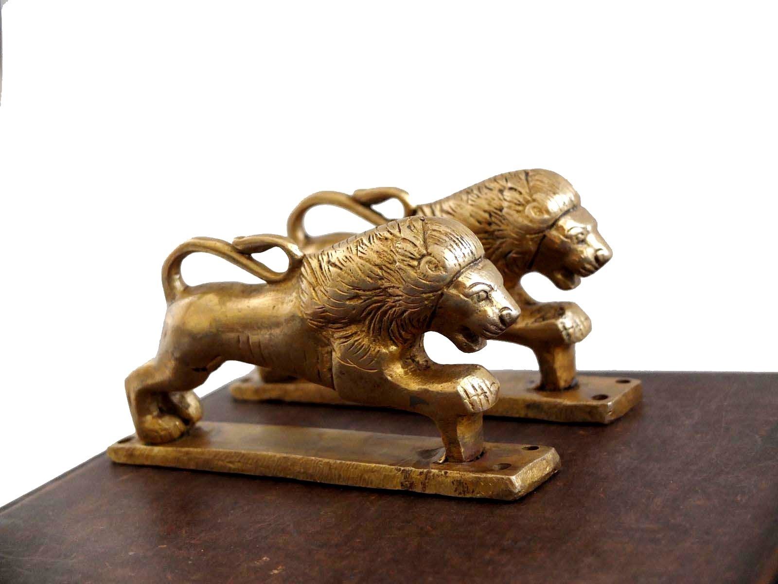 VINTAGE ANTIQUE STYLE LION SOLID BRASS PAIR OF DOOR HANDLES PULLS