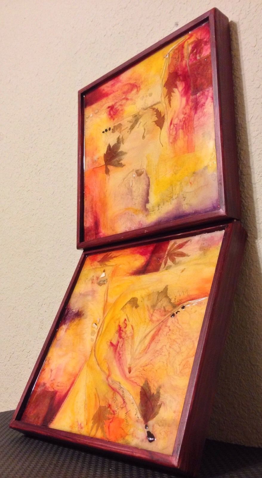 2 Original "Diptych" Fibre Art Canvas Paintings Allyn Cantor Sunset/Colors/Skies