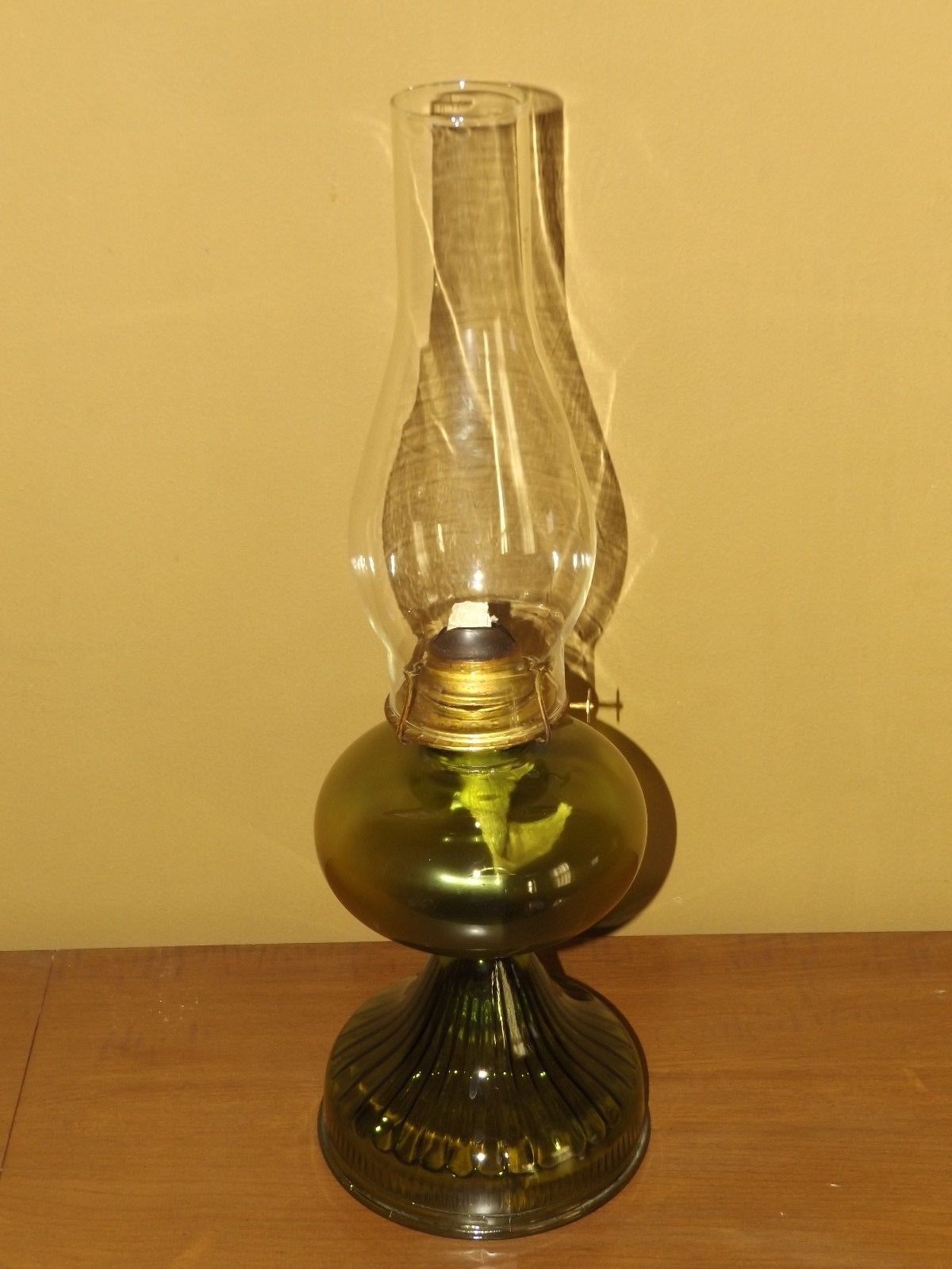 Vintage Green Glass Oil Lamp w/Chimney--Eagle Burner