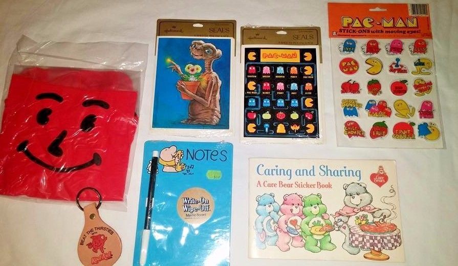 80s Movie Prop Kool-Aid Man Inflatable Pac-Man Care Bears Ziggy E.T. Sticker Lot