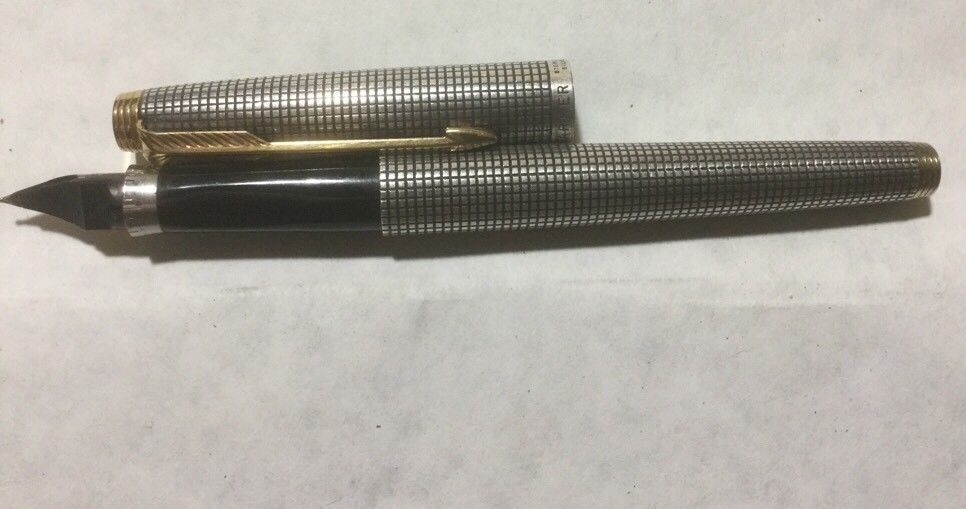 Vintage 60's PARKER Fountain Pen Sterling Silver Cisele 14K Gold Flat Top EC USA