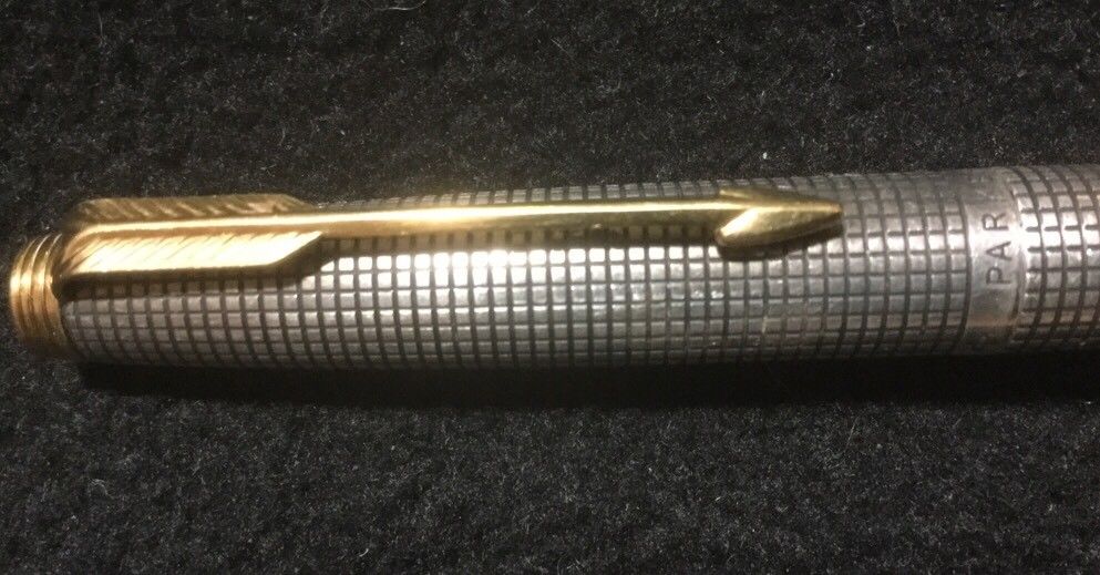 Vintage 60's PARKER Fountain Pen Sterling Silver Cisele 14K Gold Flat Top EC USA