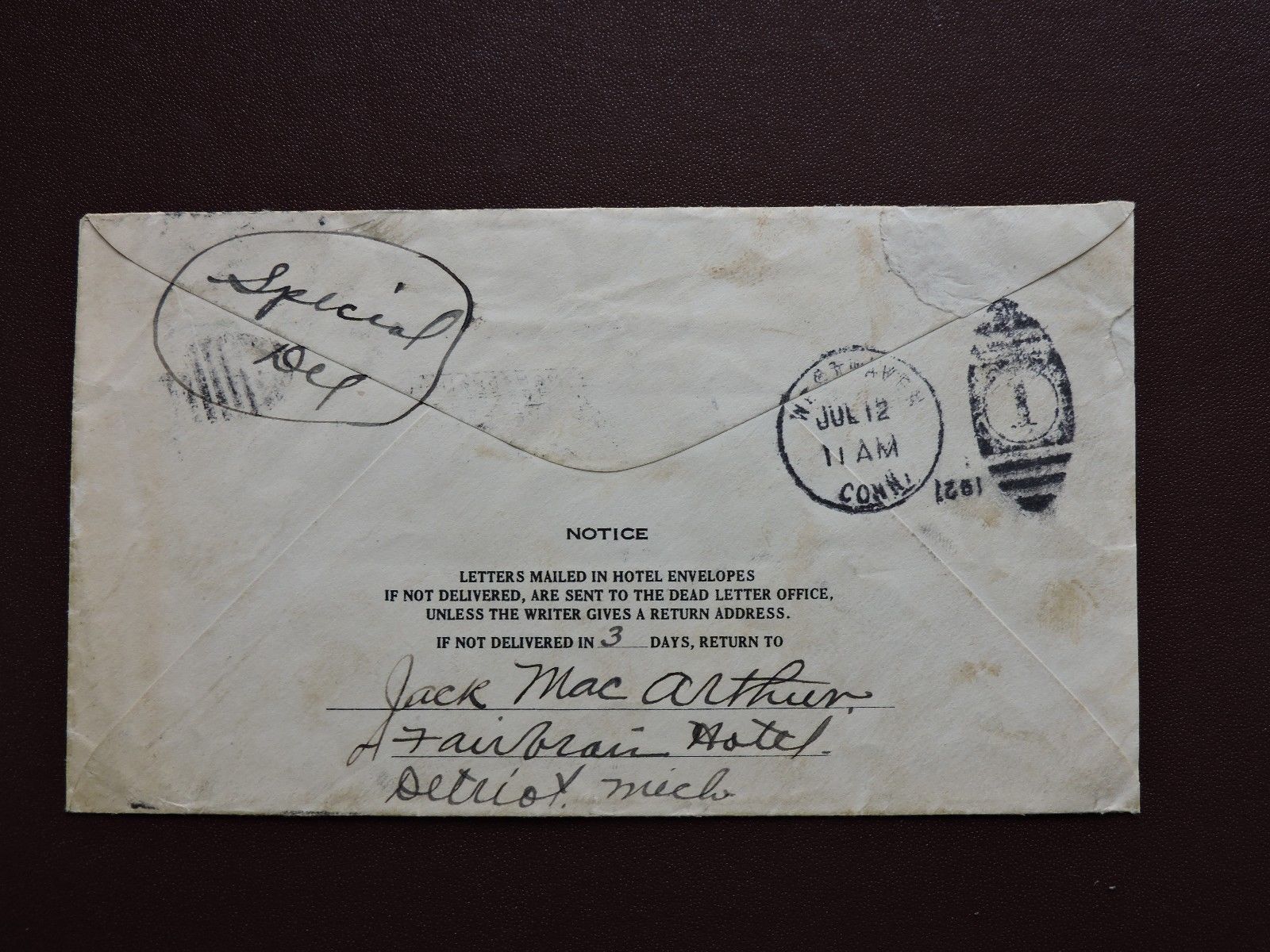 1927 CANADA 2c #142 + E3 SPECIAL DELIVERY ! HOTEL AD COVER to US ! STAMP COMBO !