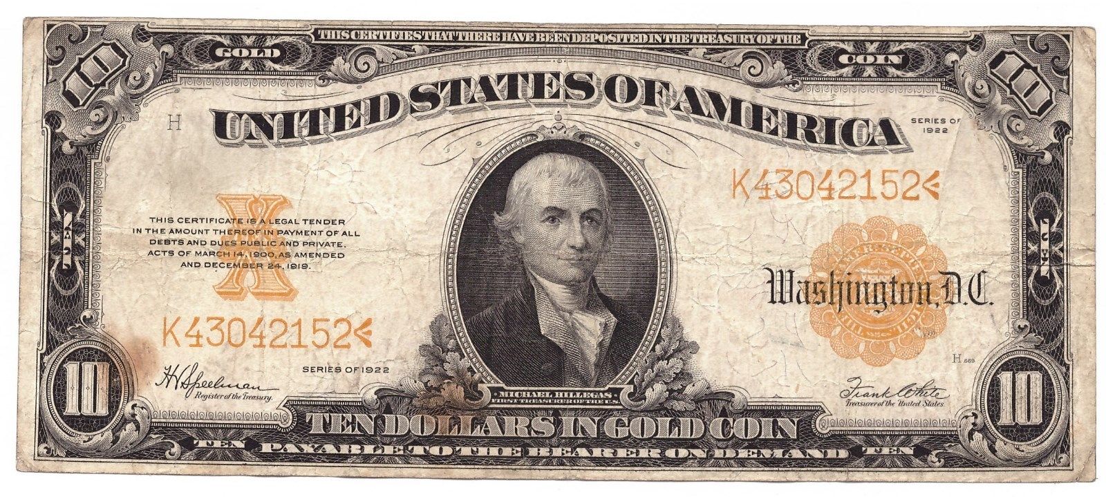 1922 United States Ten Gold Certificate Large Note $10 Dollars USA      6332