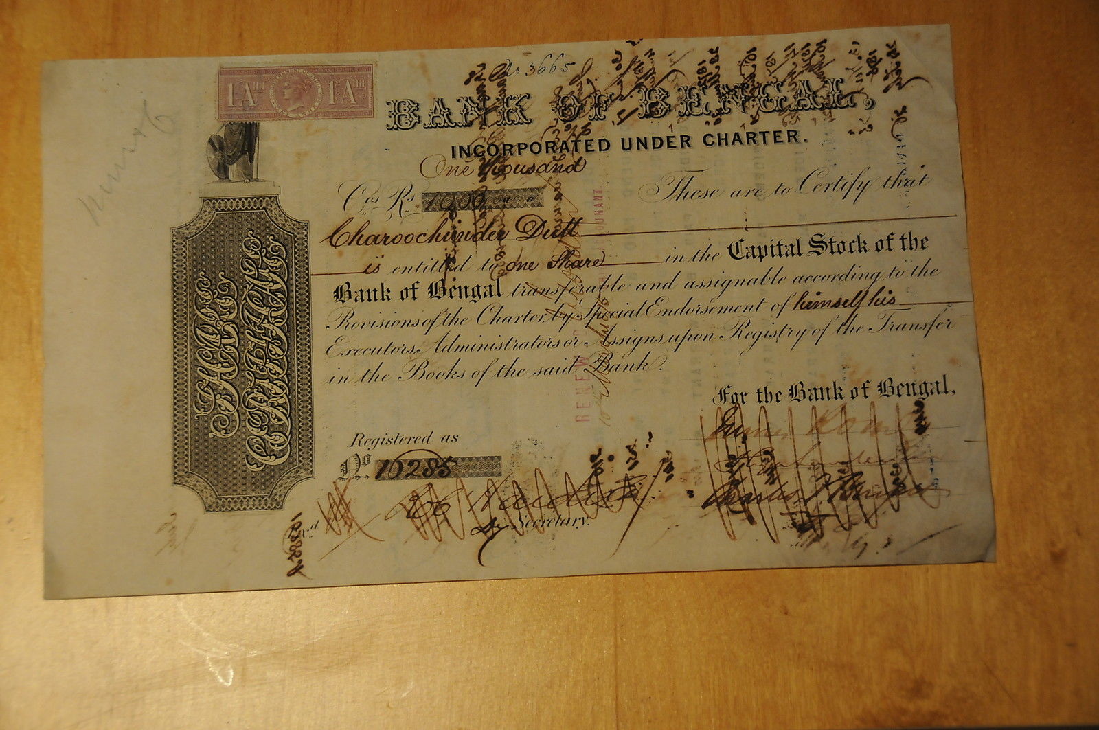 5. India, Bank of Bengal, 1869, 1000rs per share