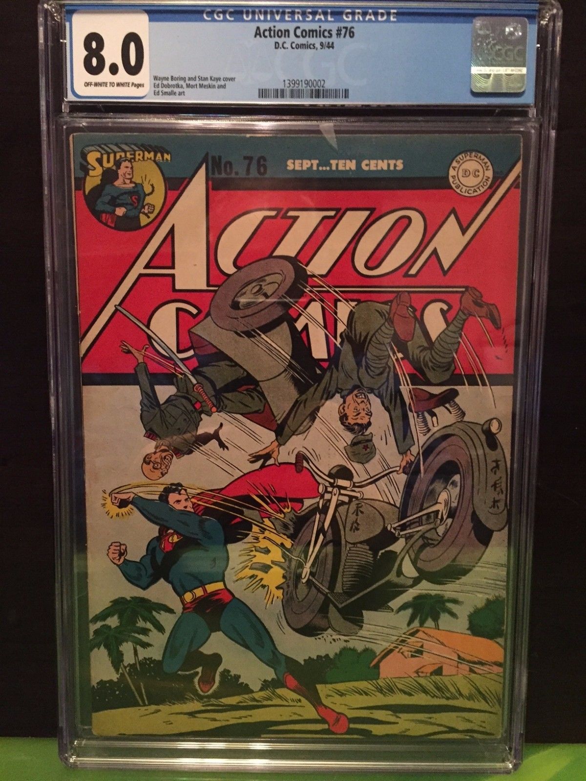 ACTION COMICS #76 CGC VF 8.0; OW-W; WWII Japanese motorcycle cover!