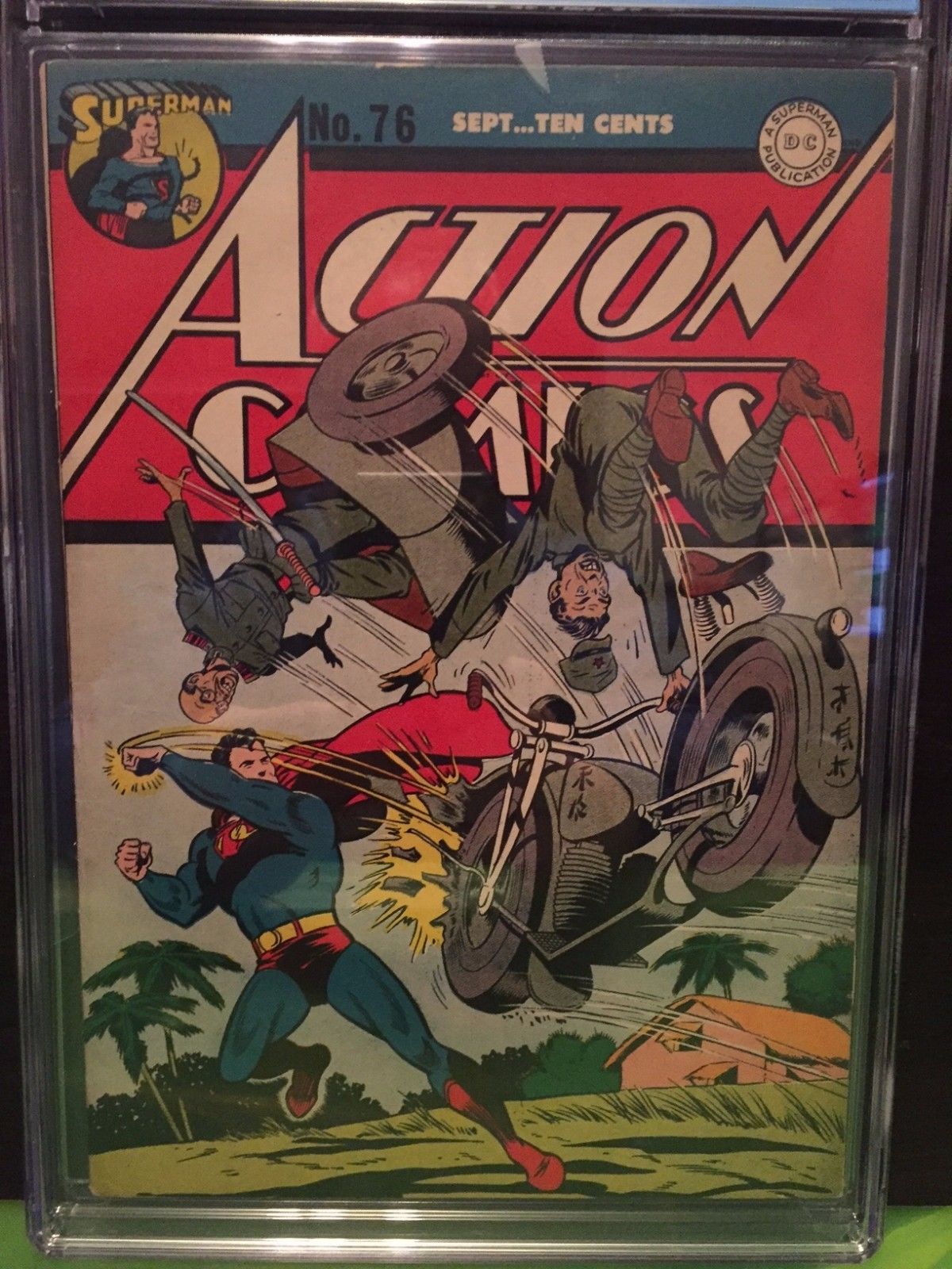 ACTION COMICS #76 CGC VF 8.0; OW-W; WWII Japanese motorcycle cover!