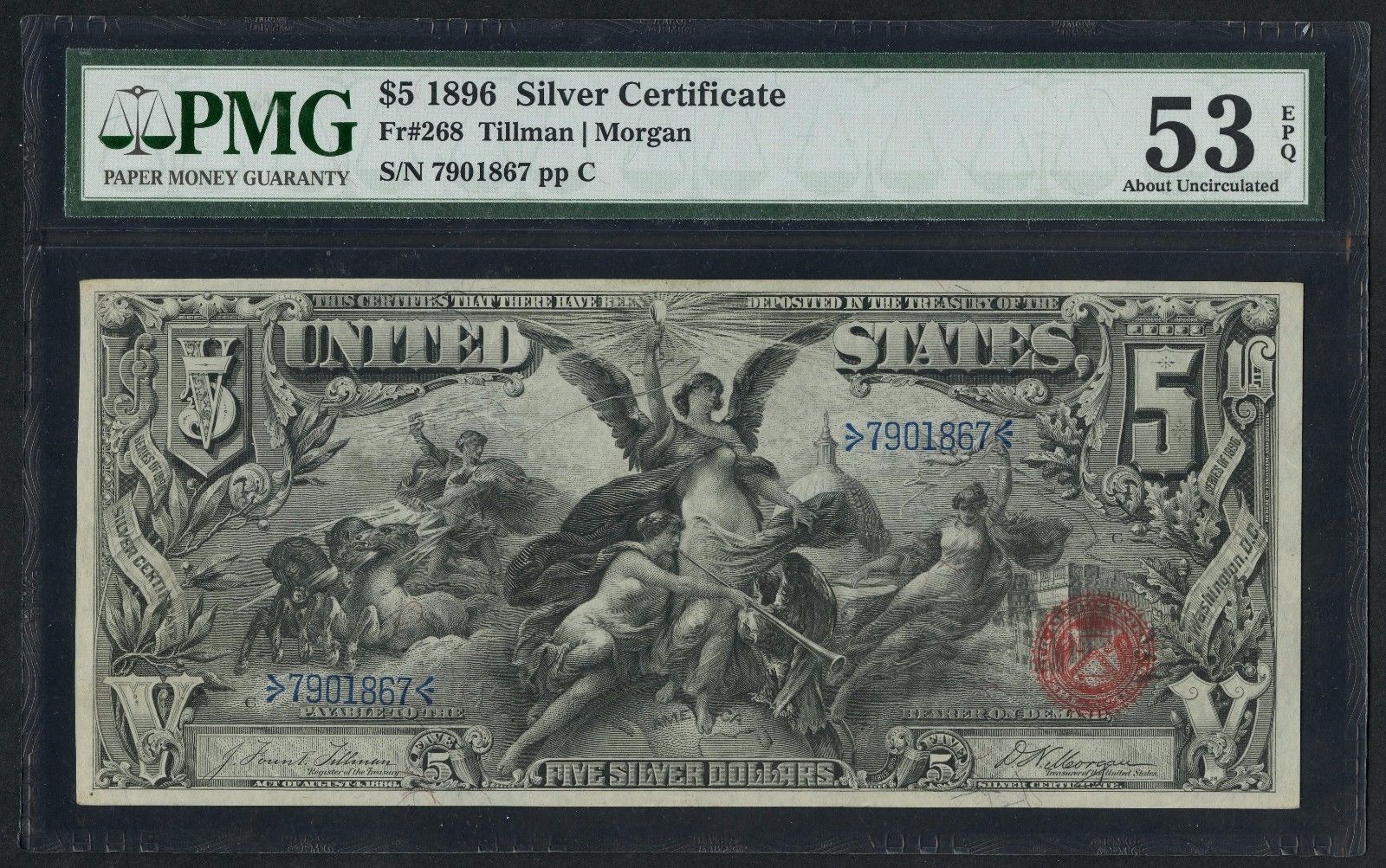 FR268 $5 1896 EDUCATION SERIES SILVER CERTIFICATE PMG 53 EPQ ABOUT UNC WLM2530