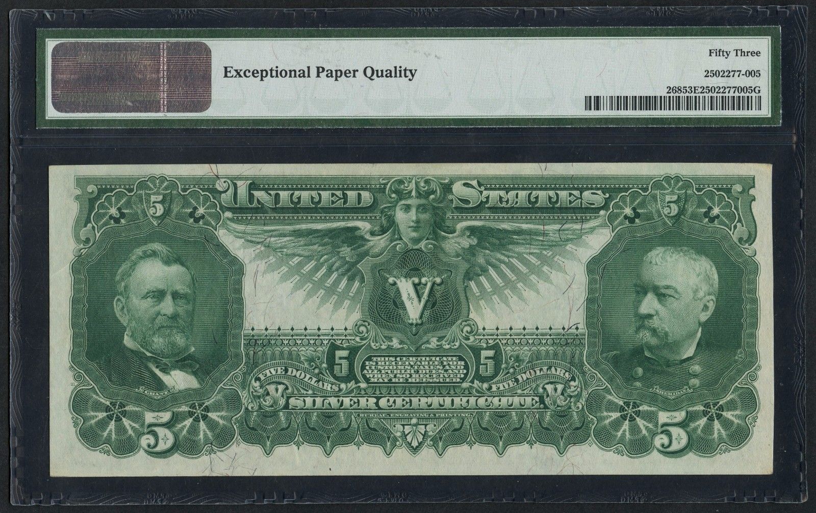 FR268 $5 1896 EDUCATION SERIES SILVER CERTIFICATE PMG 53 EPQ ABOUT UNC WLM2530