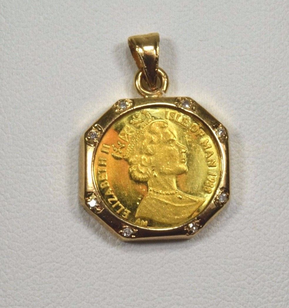 24k Gold Diamond Isle of Man Elizabeth II Pure Gold Coin 14k Pendant