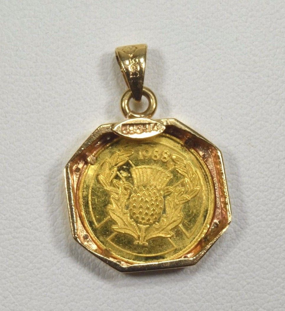 24k Gold Diamond Isle of Man Elizabeth II Pure Gold Coin 14k Pendant