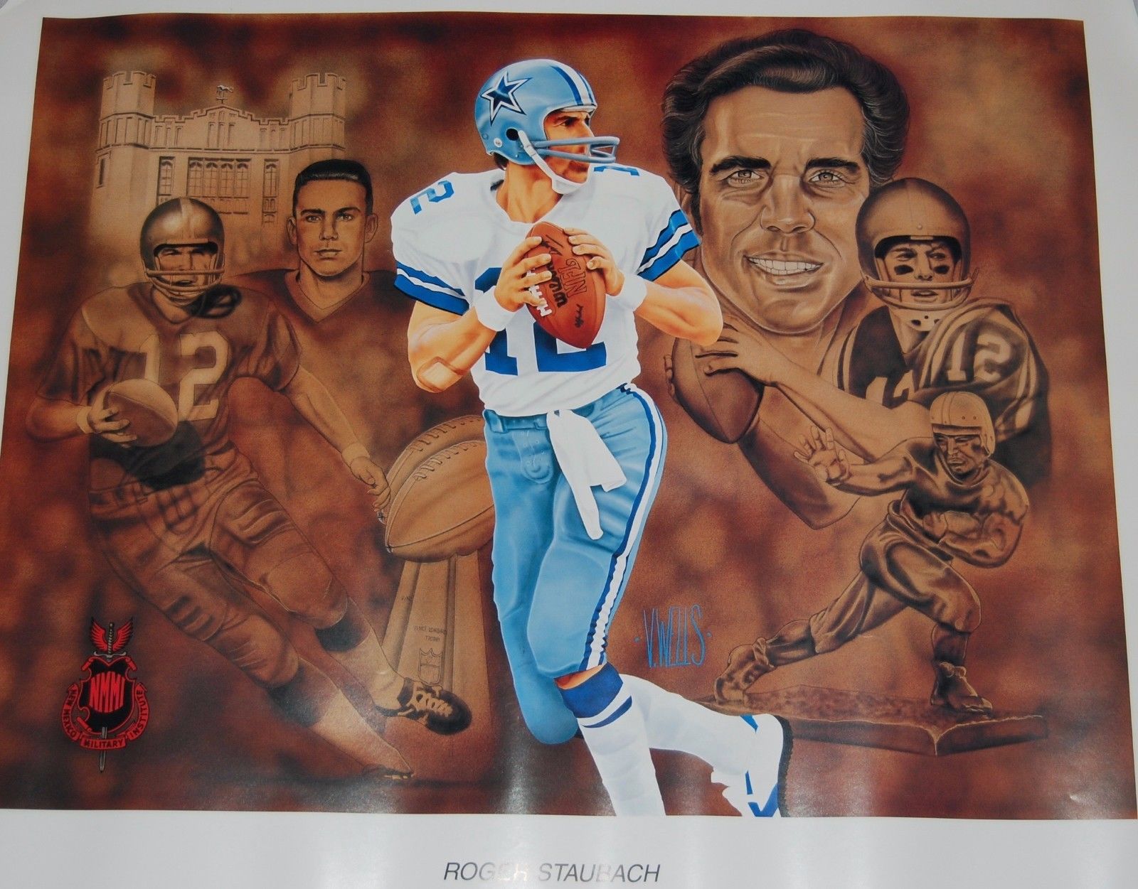 ROGER STAUBACH 24 X 30 LITHOGRAPH PRINT BY ARTIST VERNON WELLS - NMMI