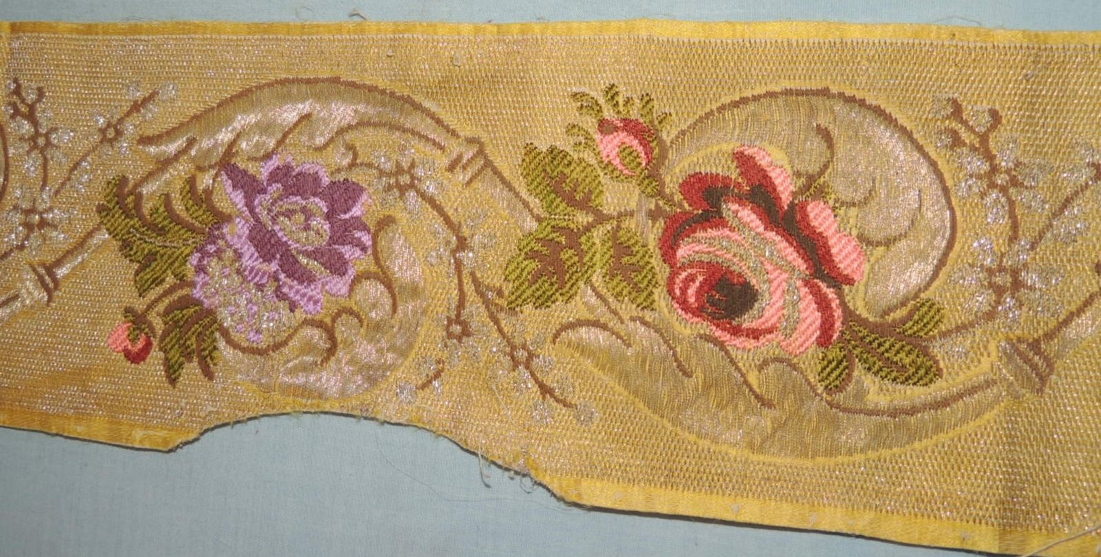 Antique / Victorian Metallic Gold Brocaded Flower Wide Ribbon Trim 5"  X 38 1/2"