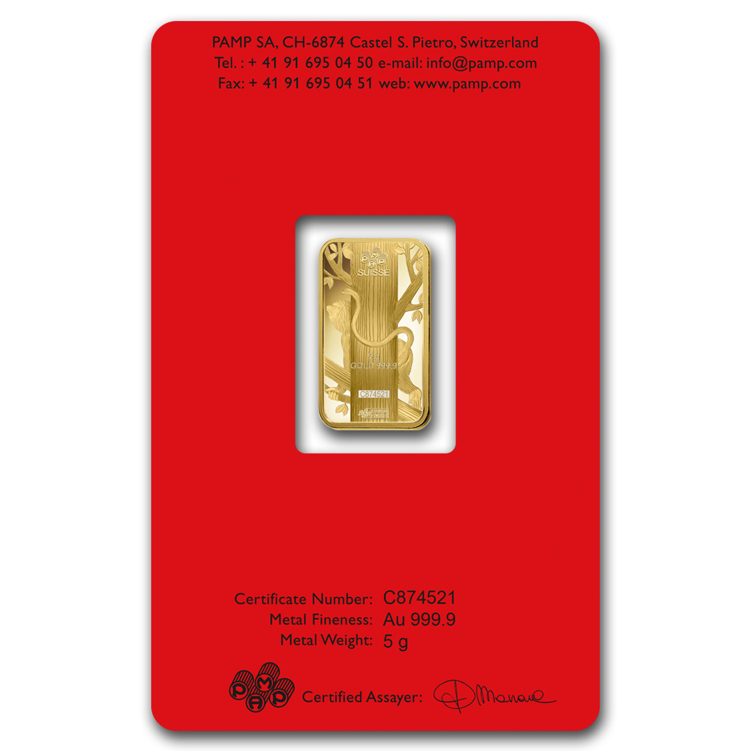 5 gram Gold Bar - PAMP Suisse Year of the Monkey (In Assay) - SKU #92808