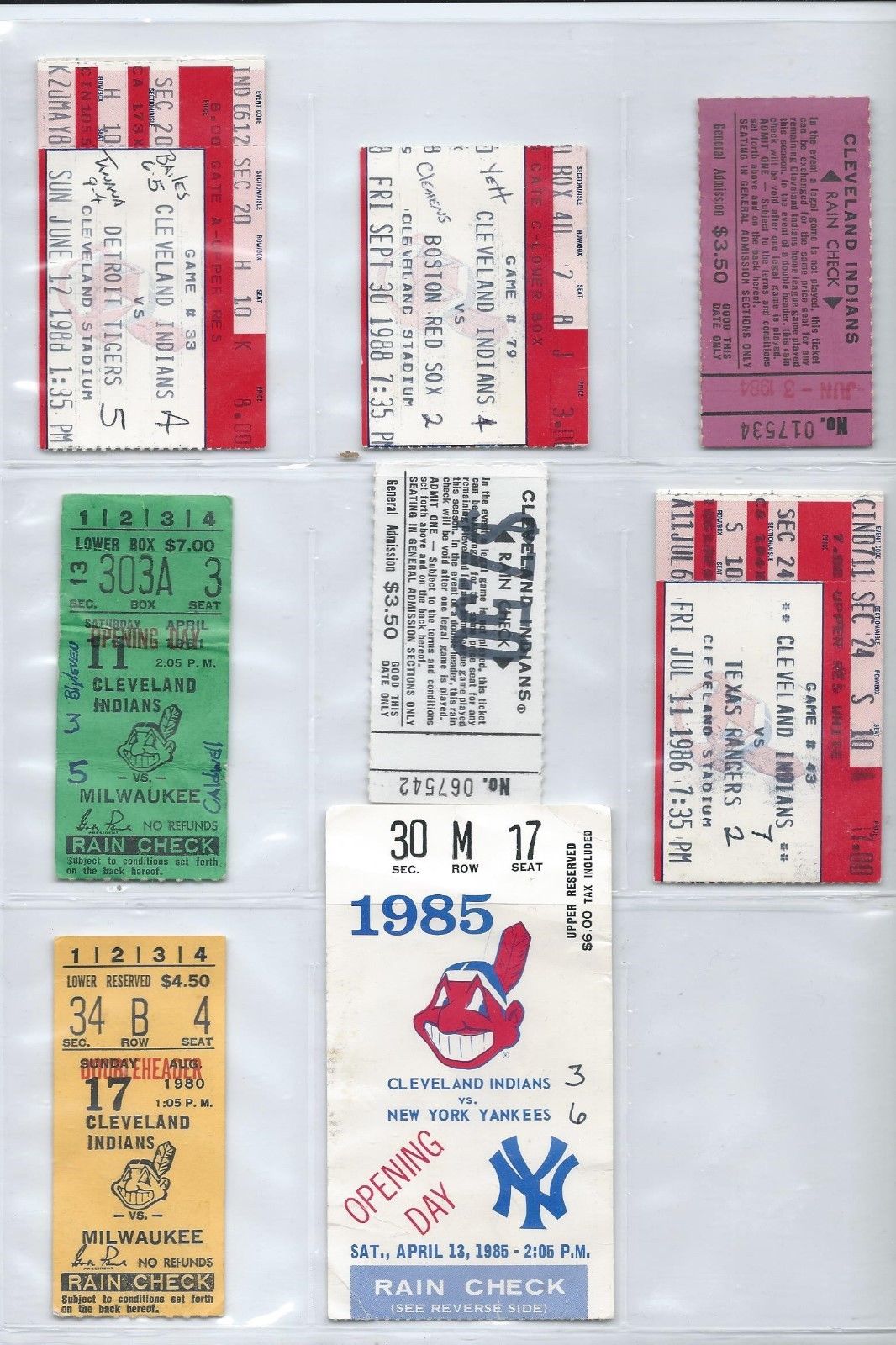 LOT OF 8 CLEVELAND INDIANS (1980'S TICKET STUBS) CLEVELAND MUNICIPAL STADIUM