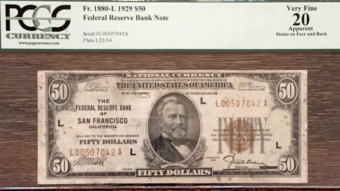 1929 $50 San Francisco Federal Reserve Bank Note PCGS VF20