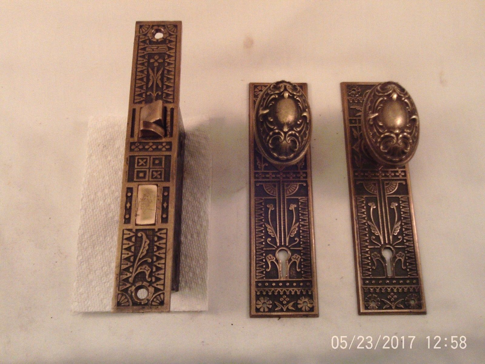 Antique Sargent Cast Brass Oval Door Knob Set fancy Mortise Lock Key  #734