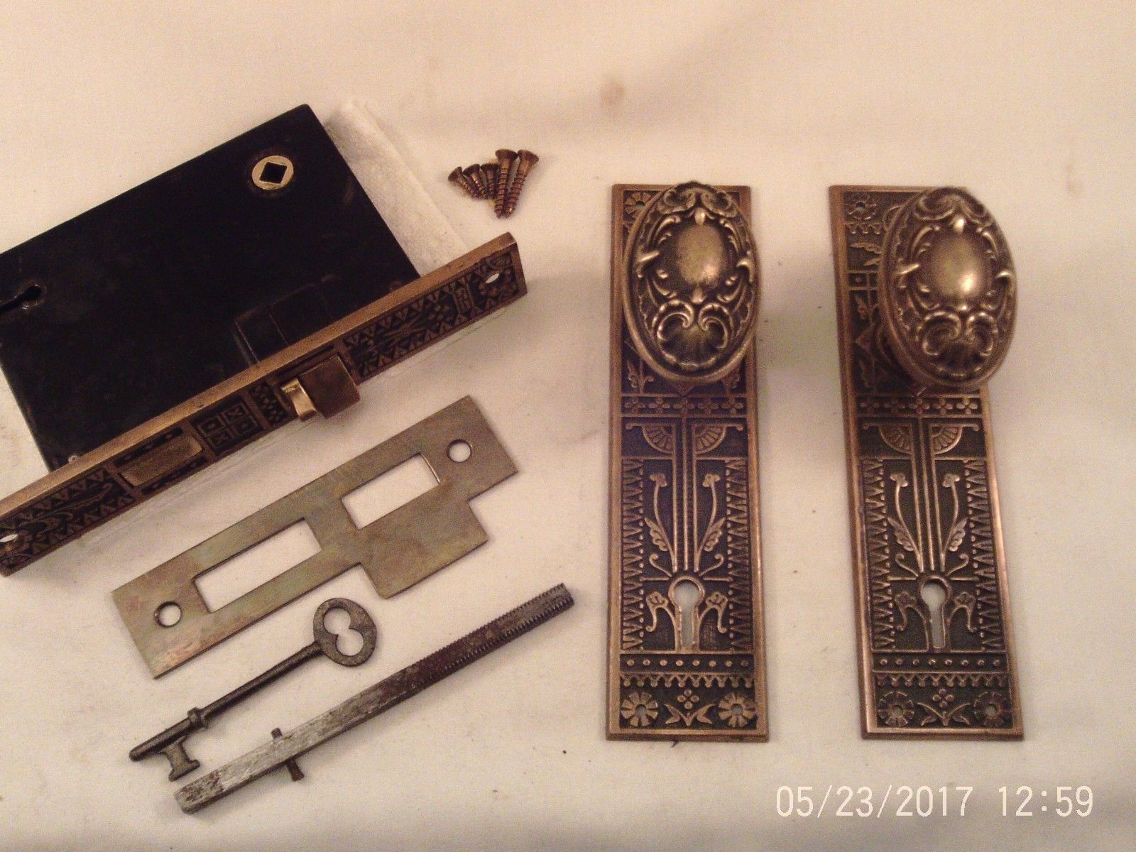 Antique Sargent Cast Brass Oval Door Knob Set fancy Mortise Lock Key  #734