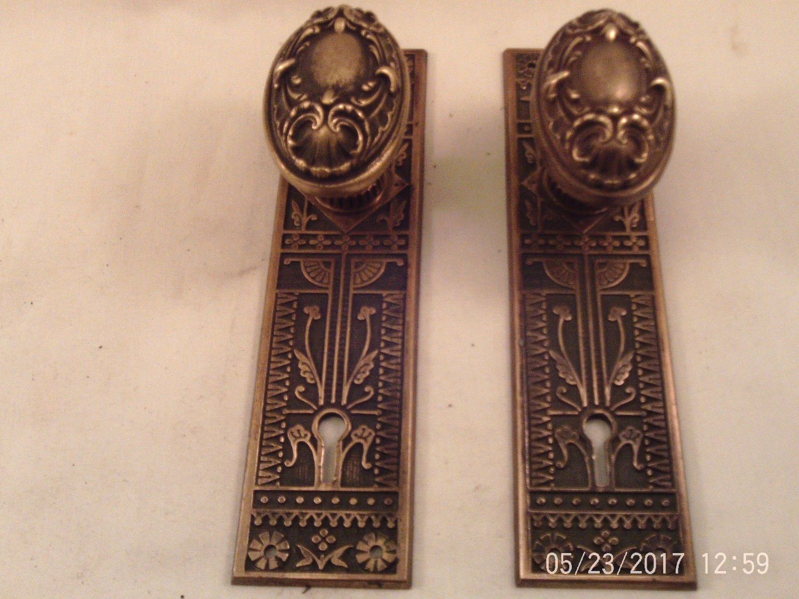 Antique Sargent Cast Brass Oval Door Knob Set fancy Mortise Lock Key  #734