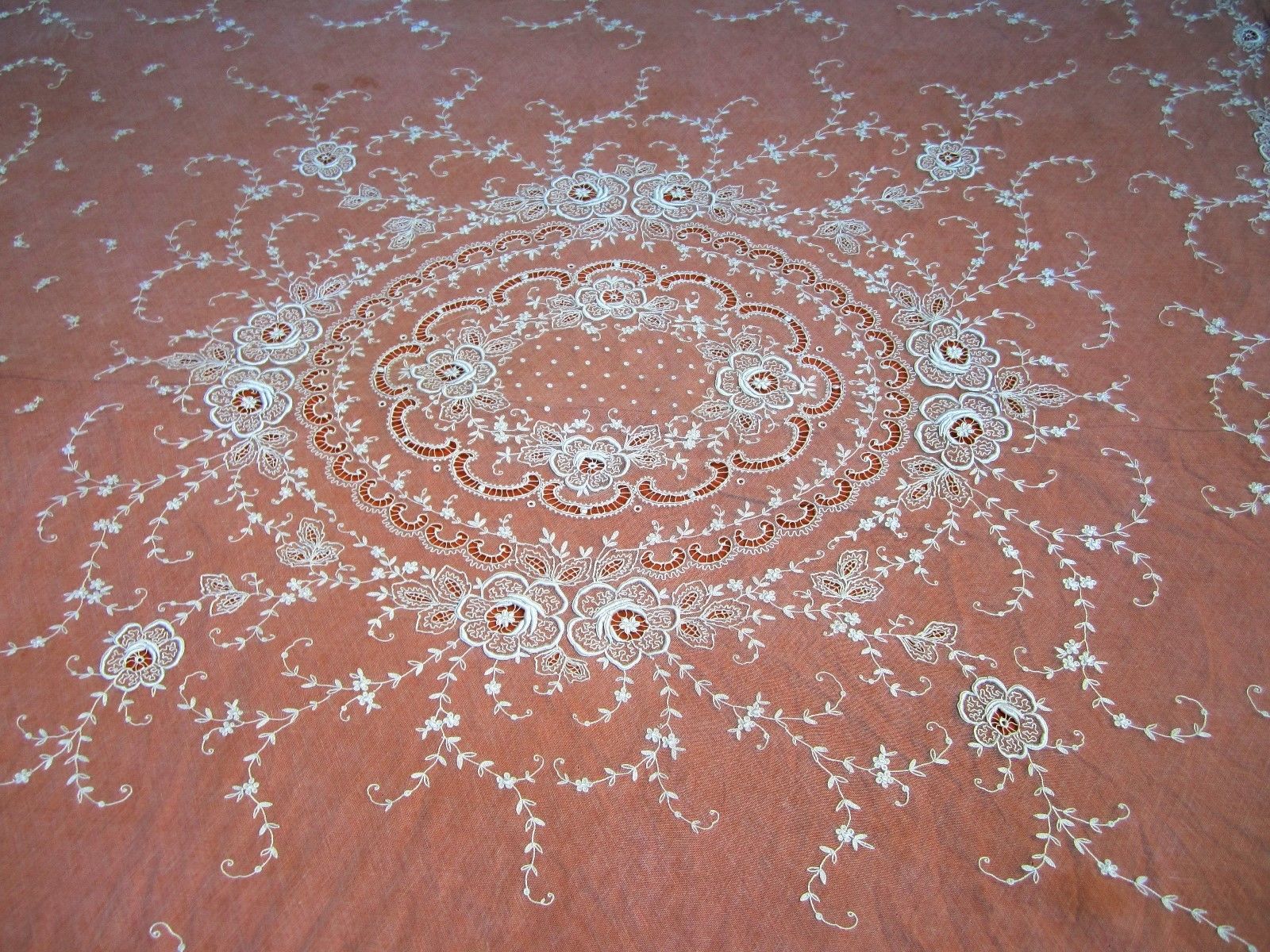 Antique Tambour Embroidered French Net Lace Coverlet 100" x 80"