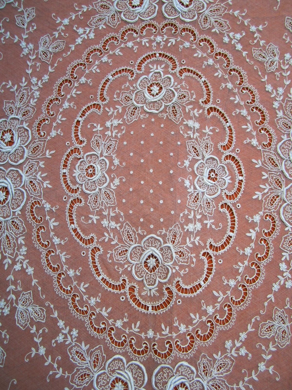 Antique Tambour Embroidered French Net Lace Coverlet 100" x 80"