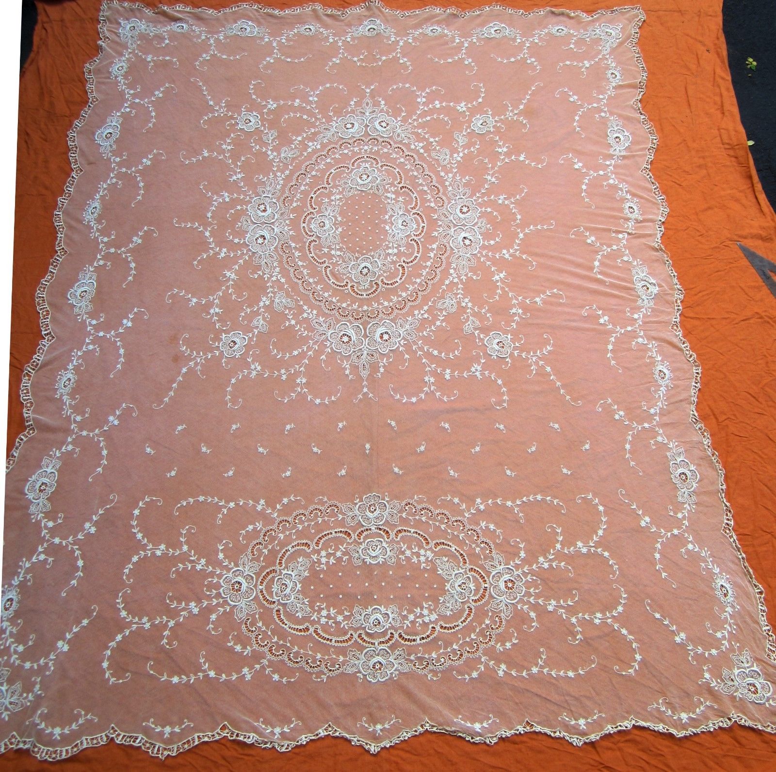 Antique Tambour Embroidered French Net Lace Coverlet 100" x 80"